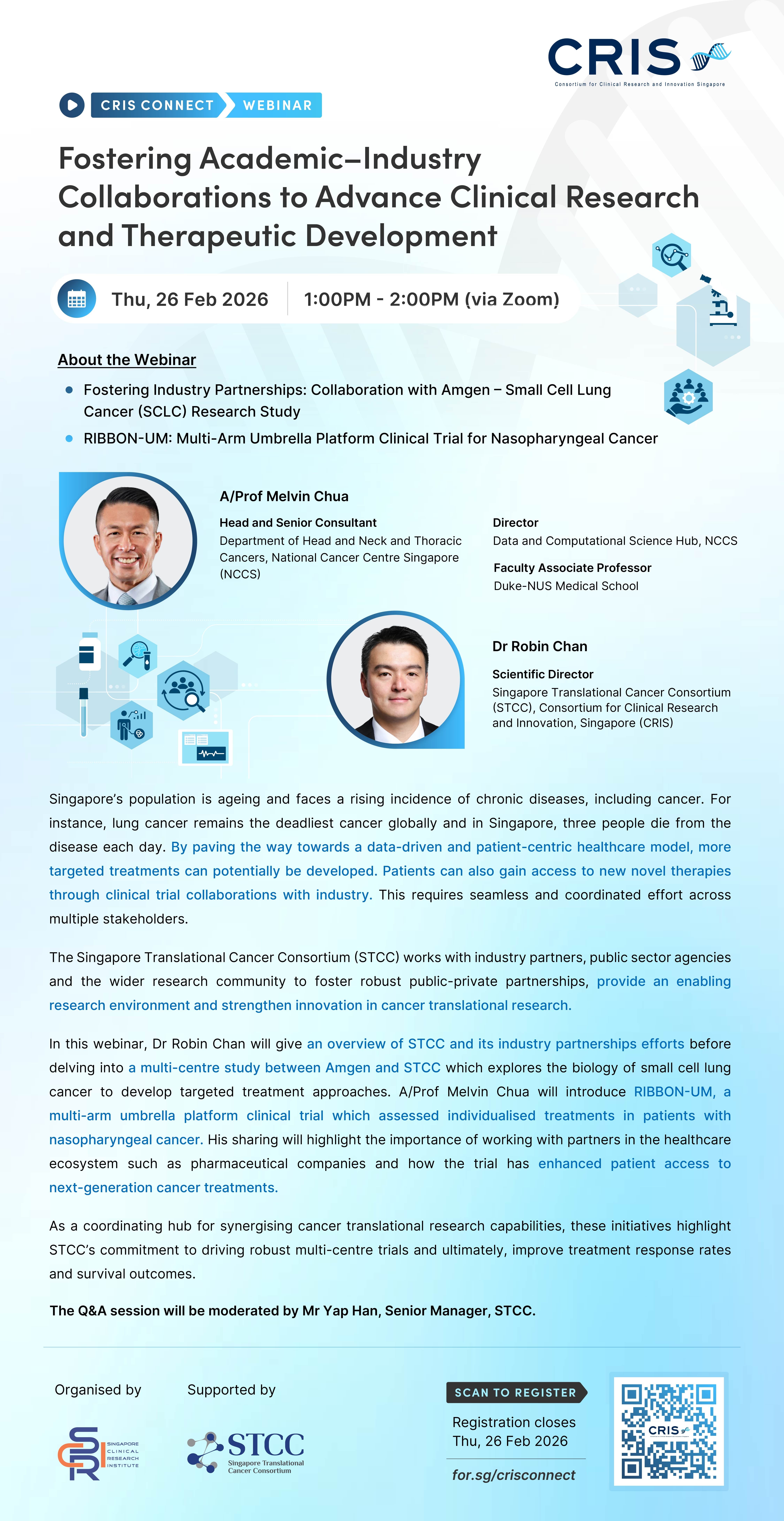 Poster for CRIS Connect Webinar: Fostering Academic–Industry Collaborations to Advance Clinical Research and Therapeutic Development on Thu, 26 Feb 2026, 1:00PM - 2:00PM (via Zoom).