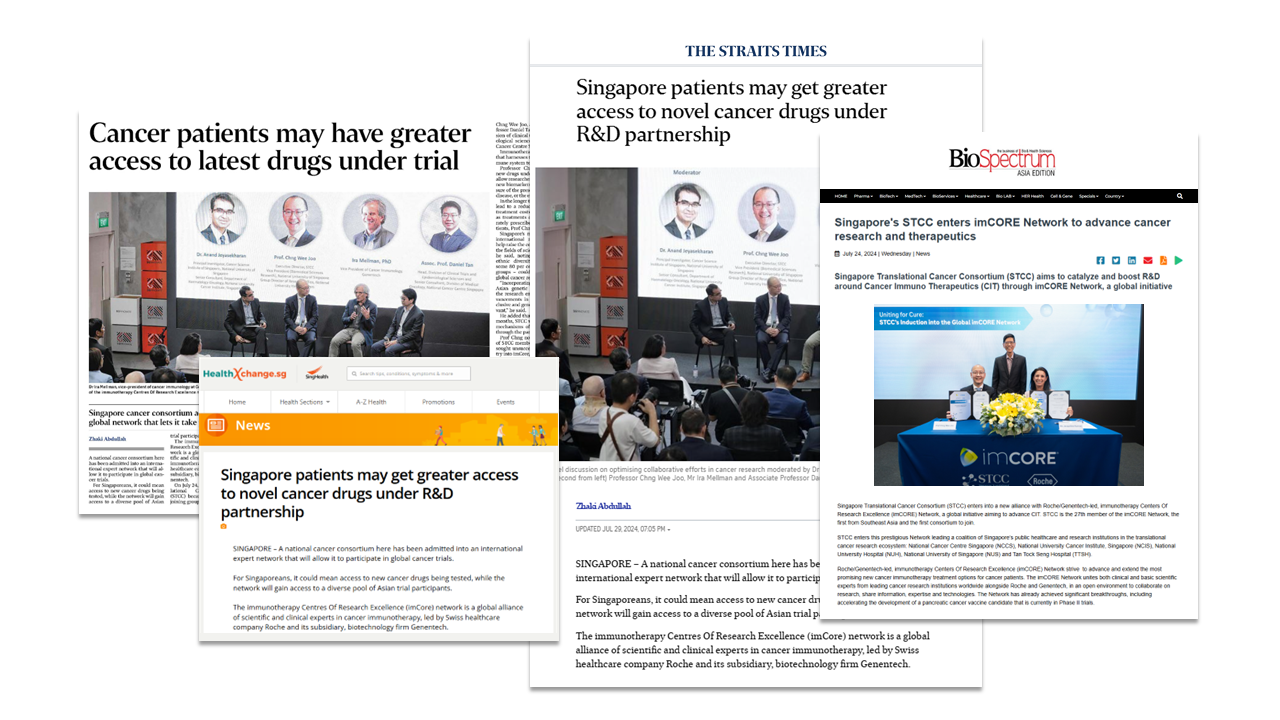 A collage of news articles highlighting how cancer patients in Singapore are gaining improved access to novel treatments and therapies through research partnerships and collaborative initiatives.