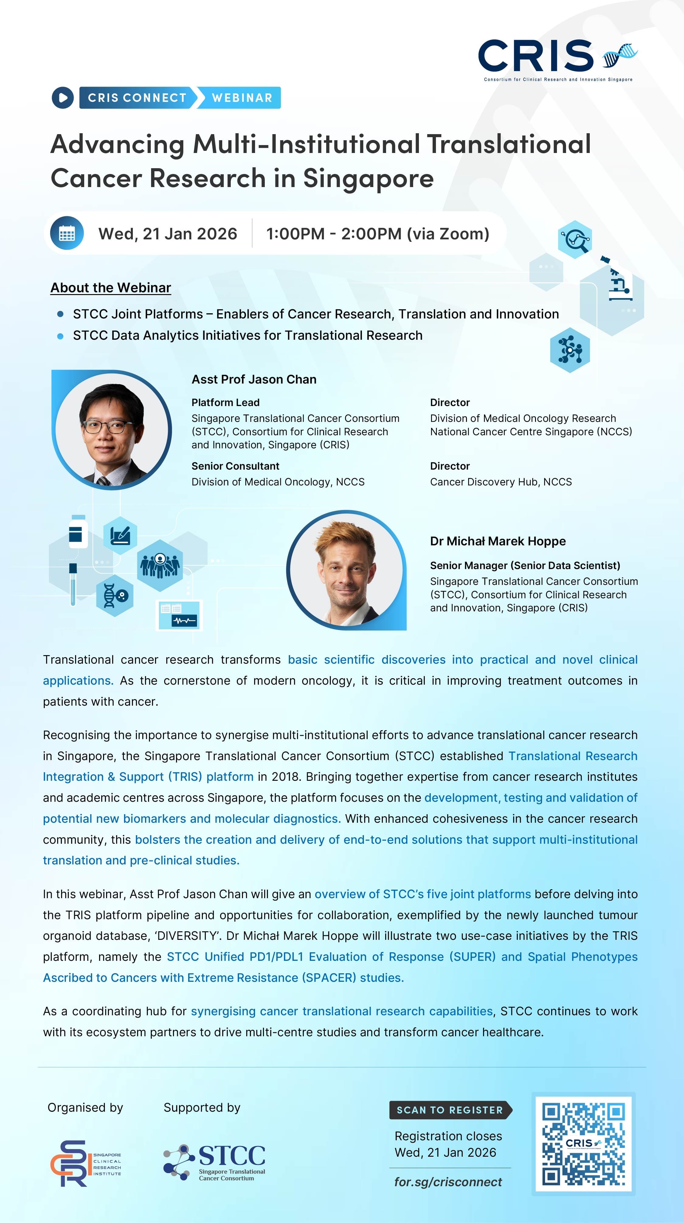 Poster for CRIS Connect Webinar "Advancing Multi-Institutional Translational Cancer Research in Singapore" on Wednesday, 21 January 2026 via Zoom.