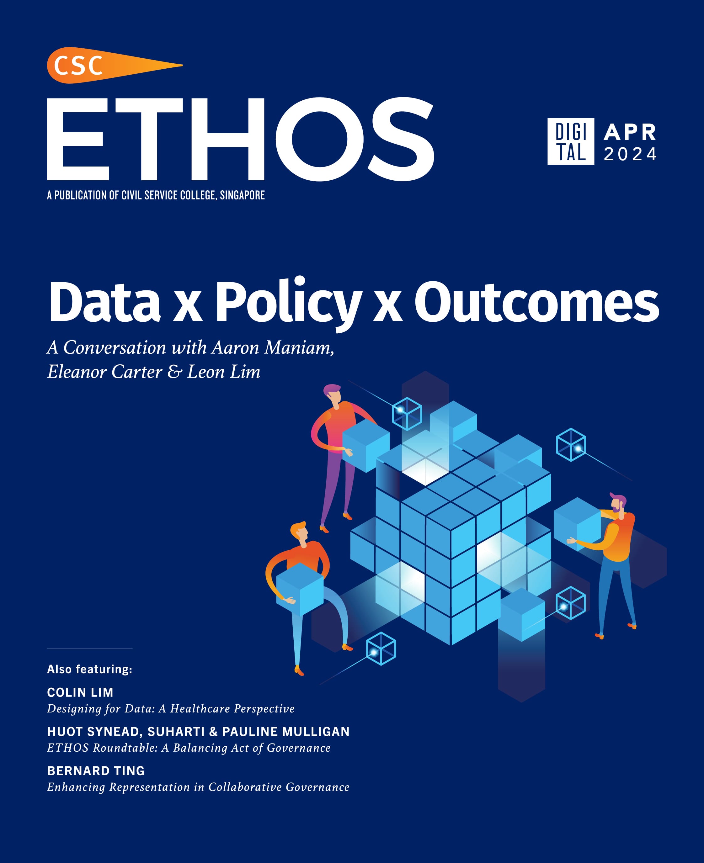Magazine cover titled "ETHOS" with the main feature "Data x Policy x Outcomes" and an illustration of people holding cubes.