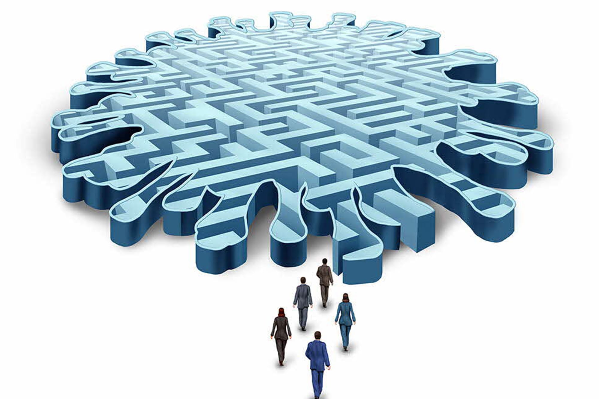 A group of five people walking towards a maze in the shape of a virus particle.