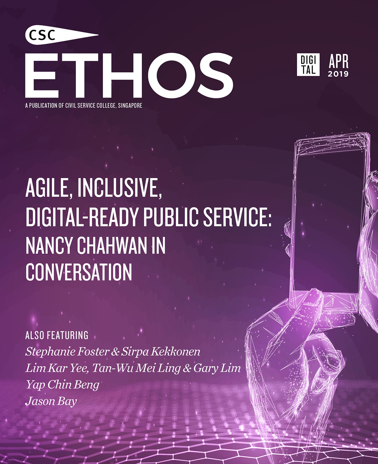Cover of "ETHOS" magazine featuring topics on agile, inclusive, digital-ready public service with a digital hand illustration.
