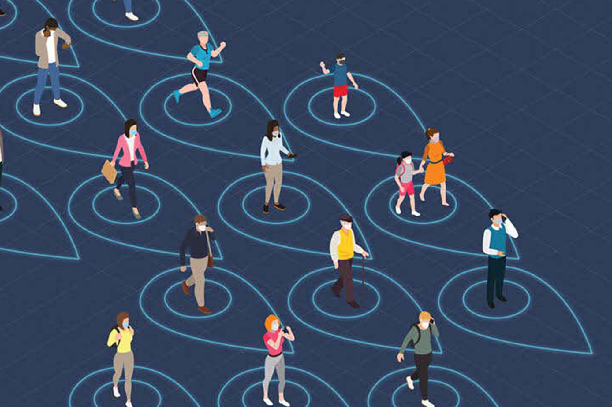 A group of people wearing masks and maintaining social distance within outlined markers on a grid background.