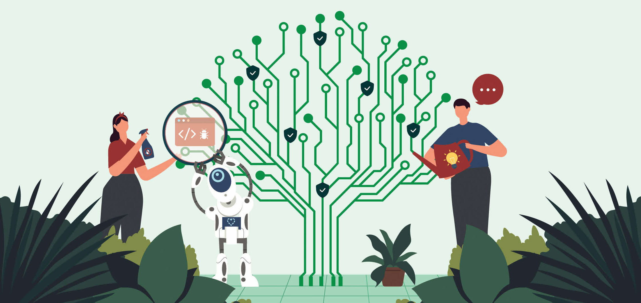 A woman sprays a bottle, a robot holds a magnifying glass, and a man pours a watering can on a technology-themed tree.