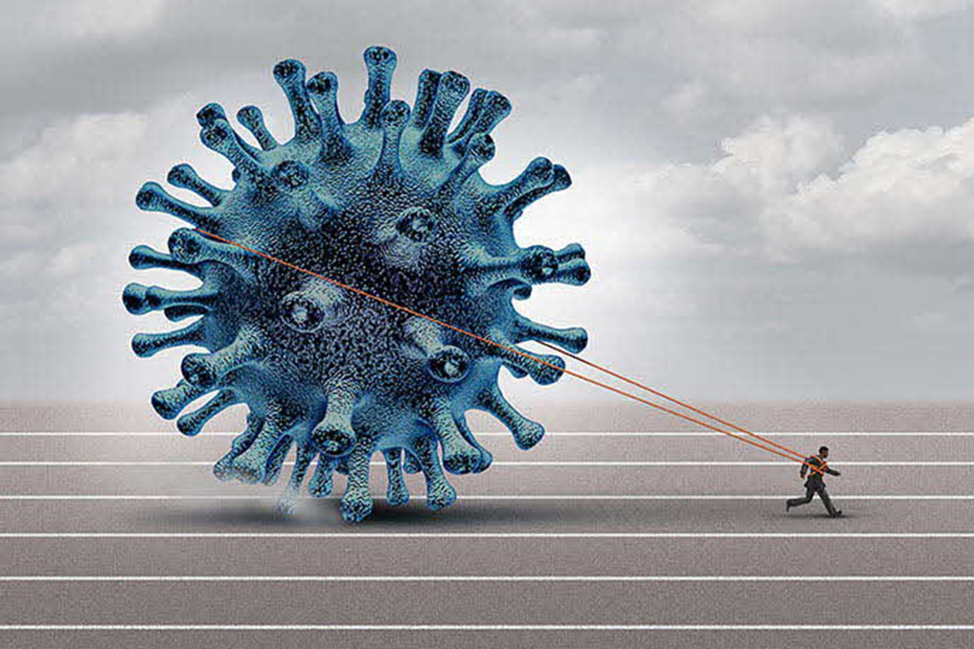 A person is running, pulling a large, blue virus model with ropes.
