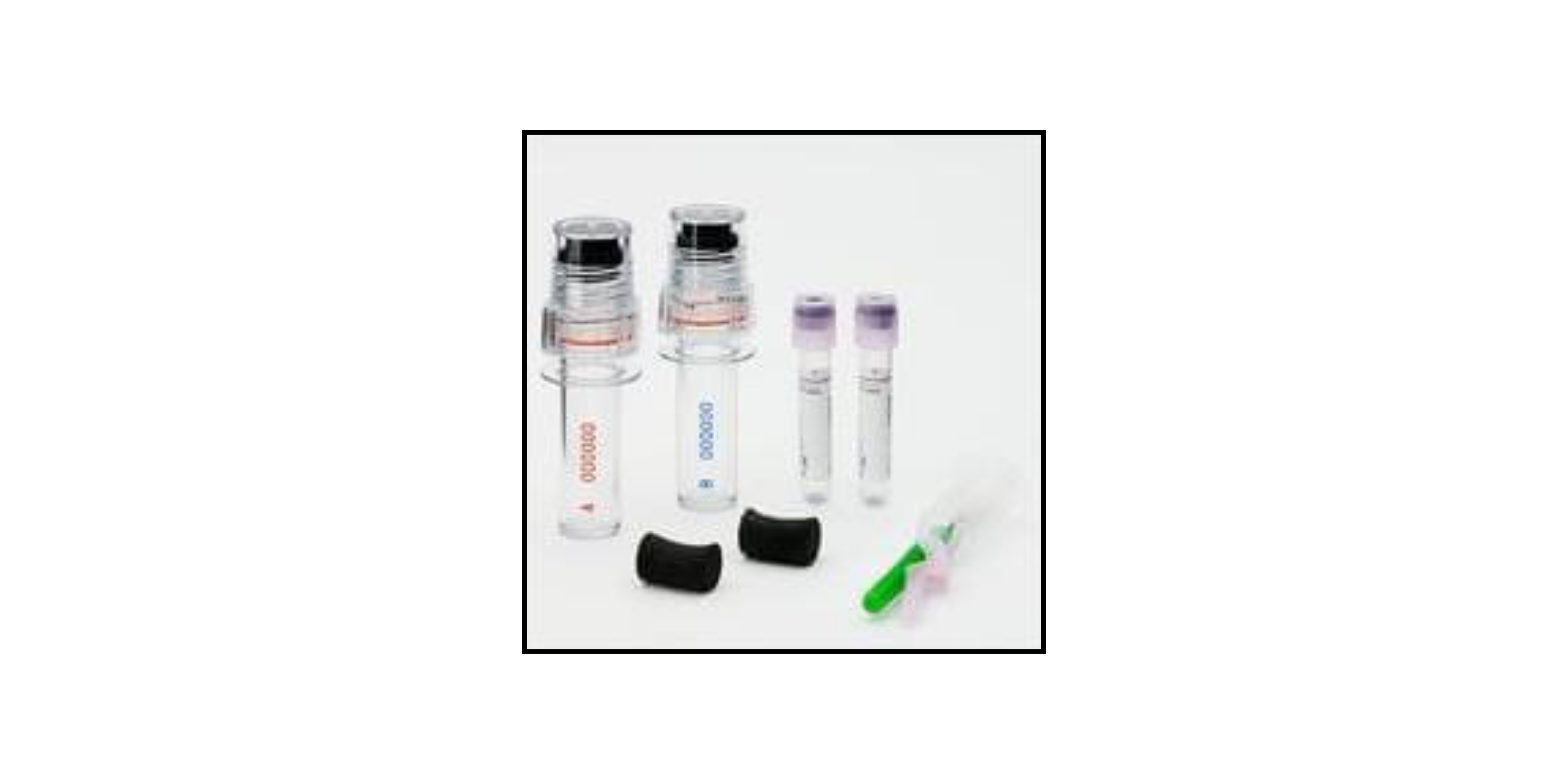 Four clear medical vials with caps, two black rubber stoppers, and a green needle adapter on a white background.
