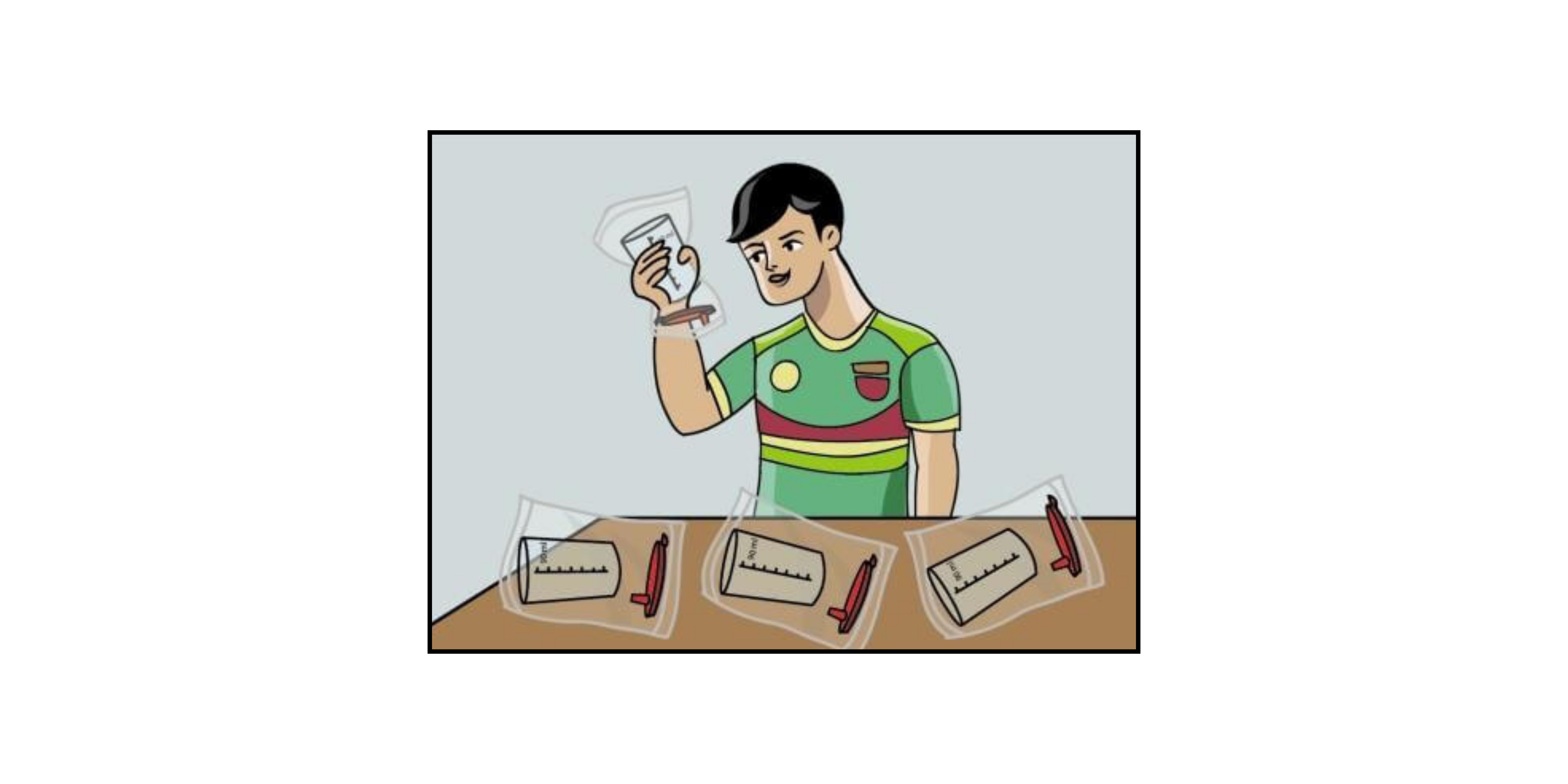 Cartoon boy holding a measuring cylinder up to eye level, with three more cylinders on a table below.