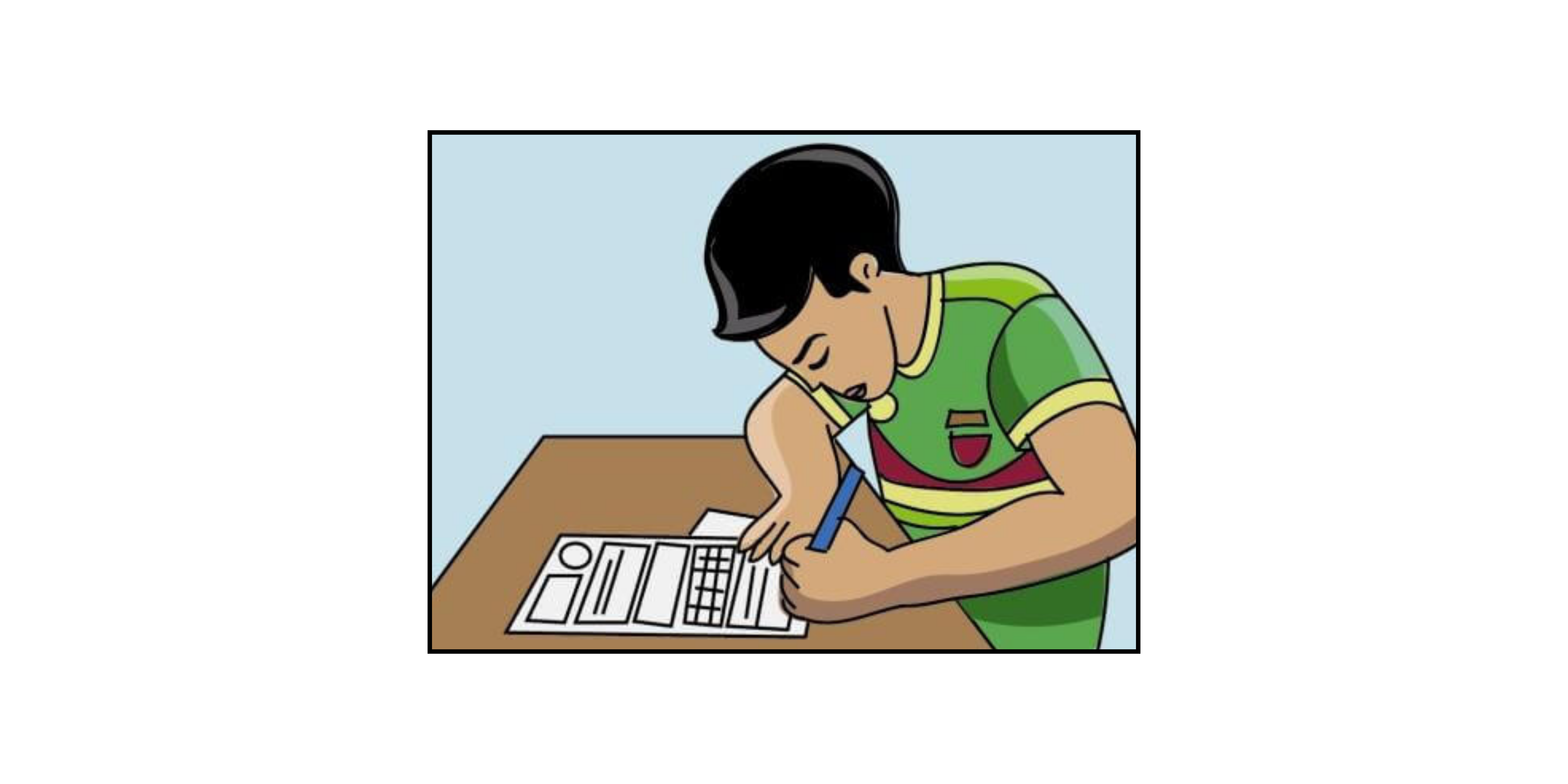 Cartoon boy in a green shirt leaning over a desk, writing on a paper with printed boxes and shapes.