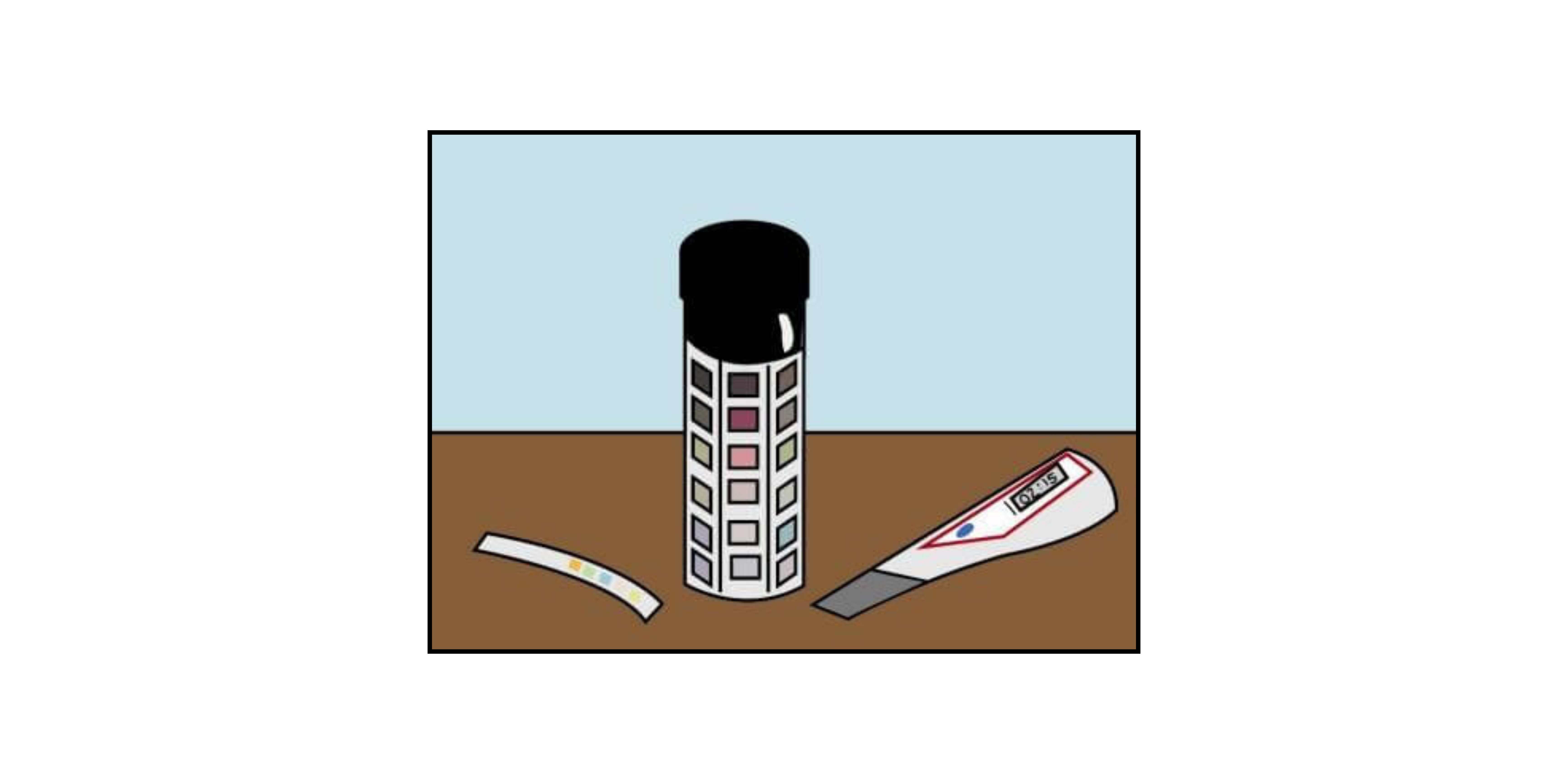 A urine test strip, color chart bottle, and digital thermometer on a brown surface.