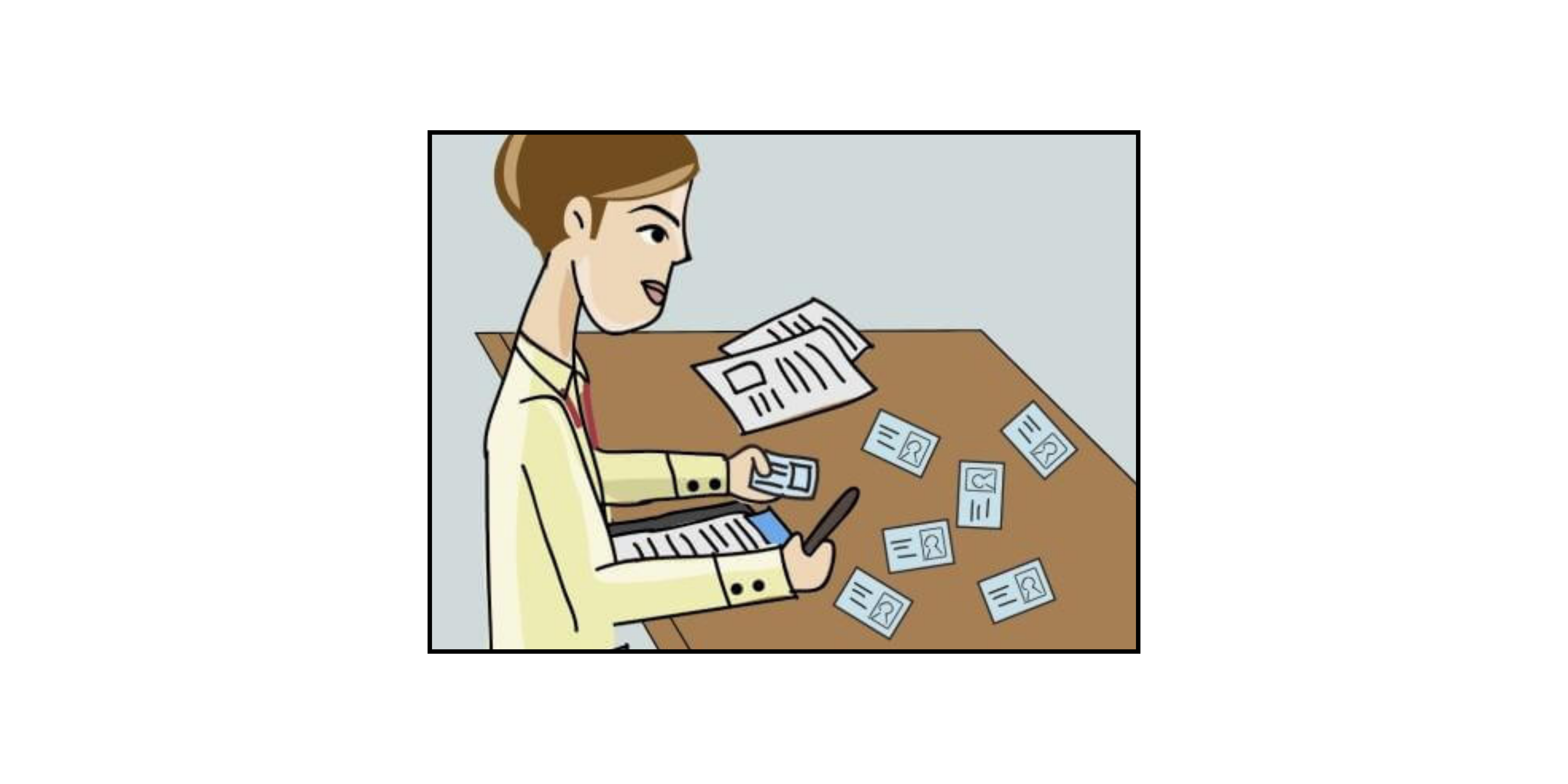 Cartoon person sitting at a desk holding ID cards, with multiple ID cards and a document spread on the table.
