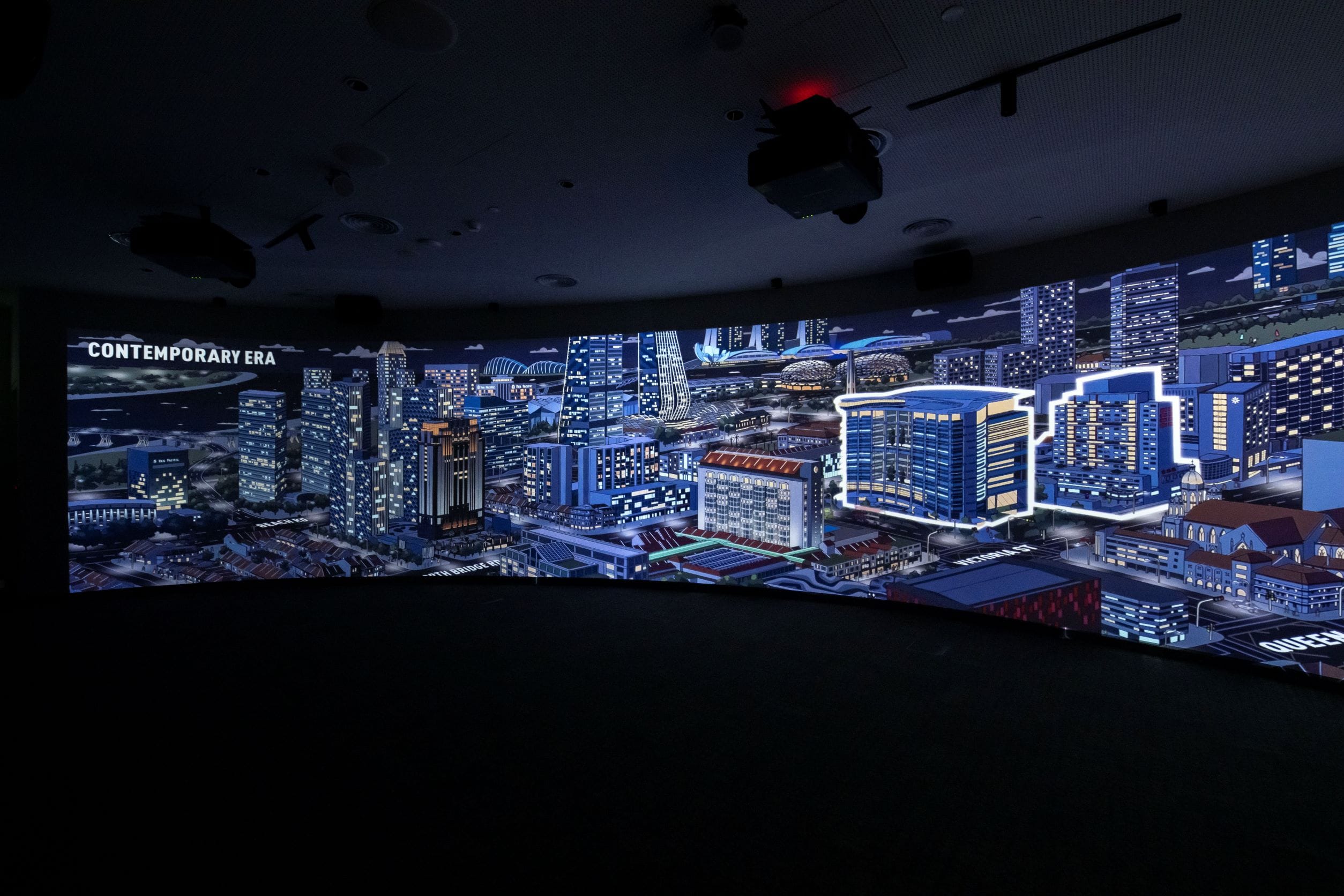 A large screen displays a nighttime cityscape labeled "CONTEMPORARY ERA" with illuminated modern buildings and infrastructure.