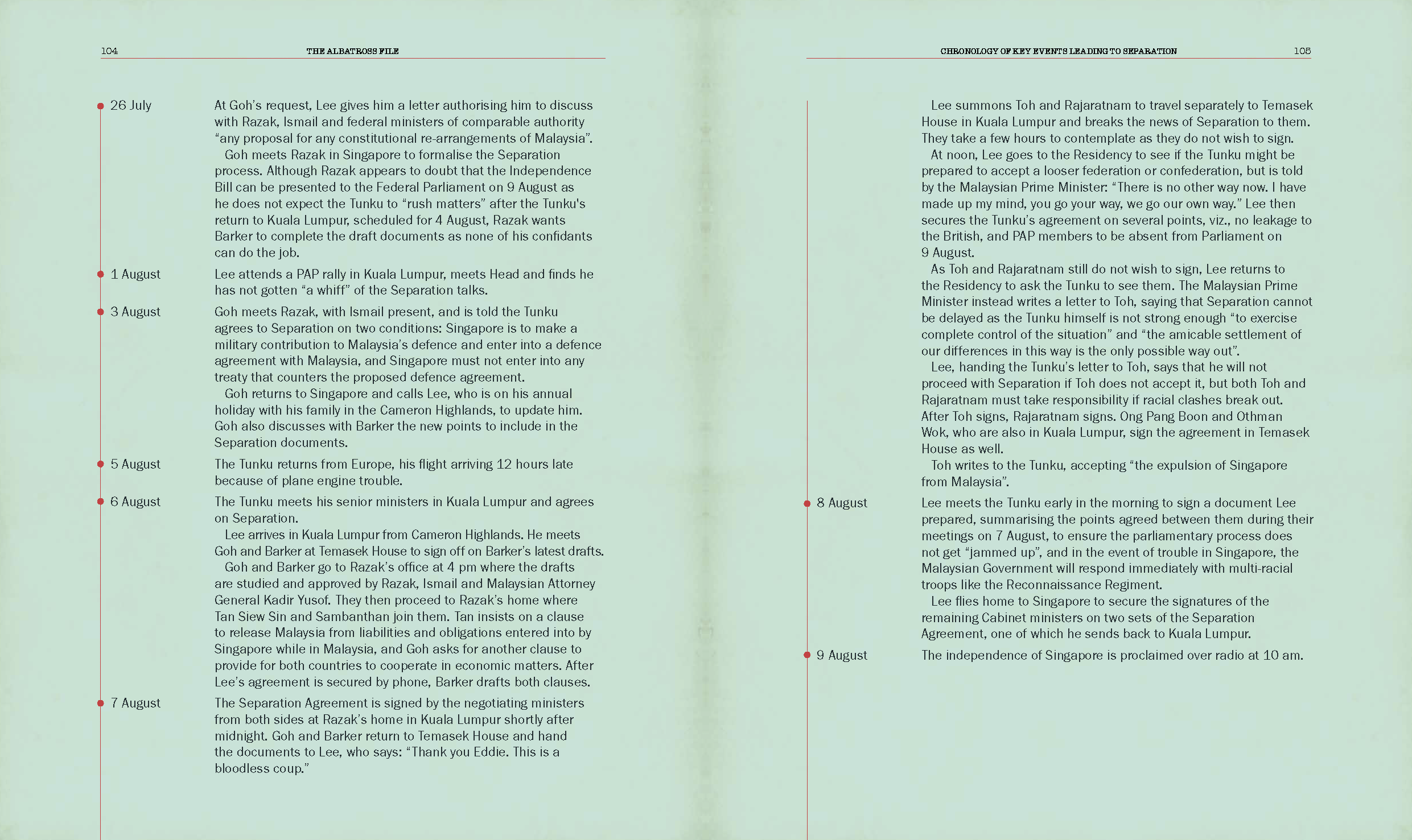 Two pages of text detailing the chronology of key events leading to Singapore's separation, dated from 26 July to 9 August.
