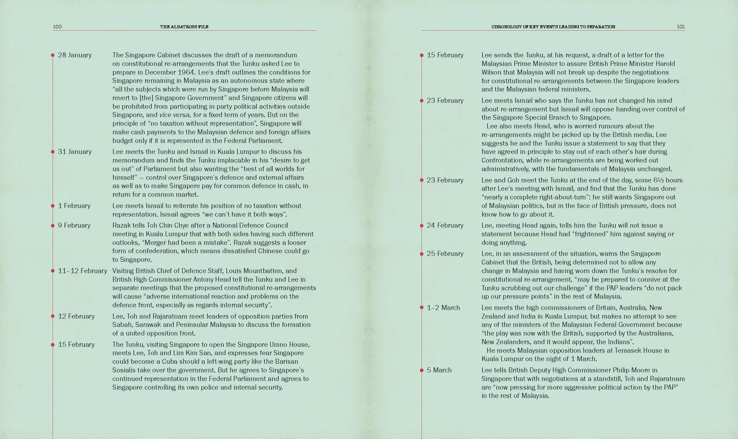 Pages from a book detailing events leading to Singapore's separation from Malaysia, with specific dates and summaries.