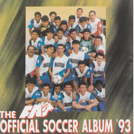 A soccer team wearing blue and white uniforms poses with a ball for "The FA Official Soccer Album '93" cover.