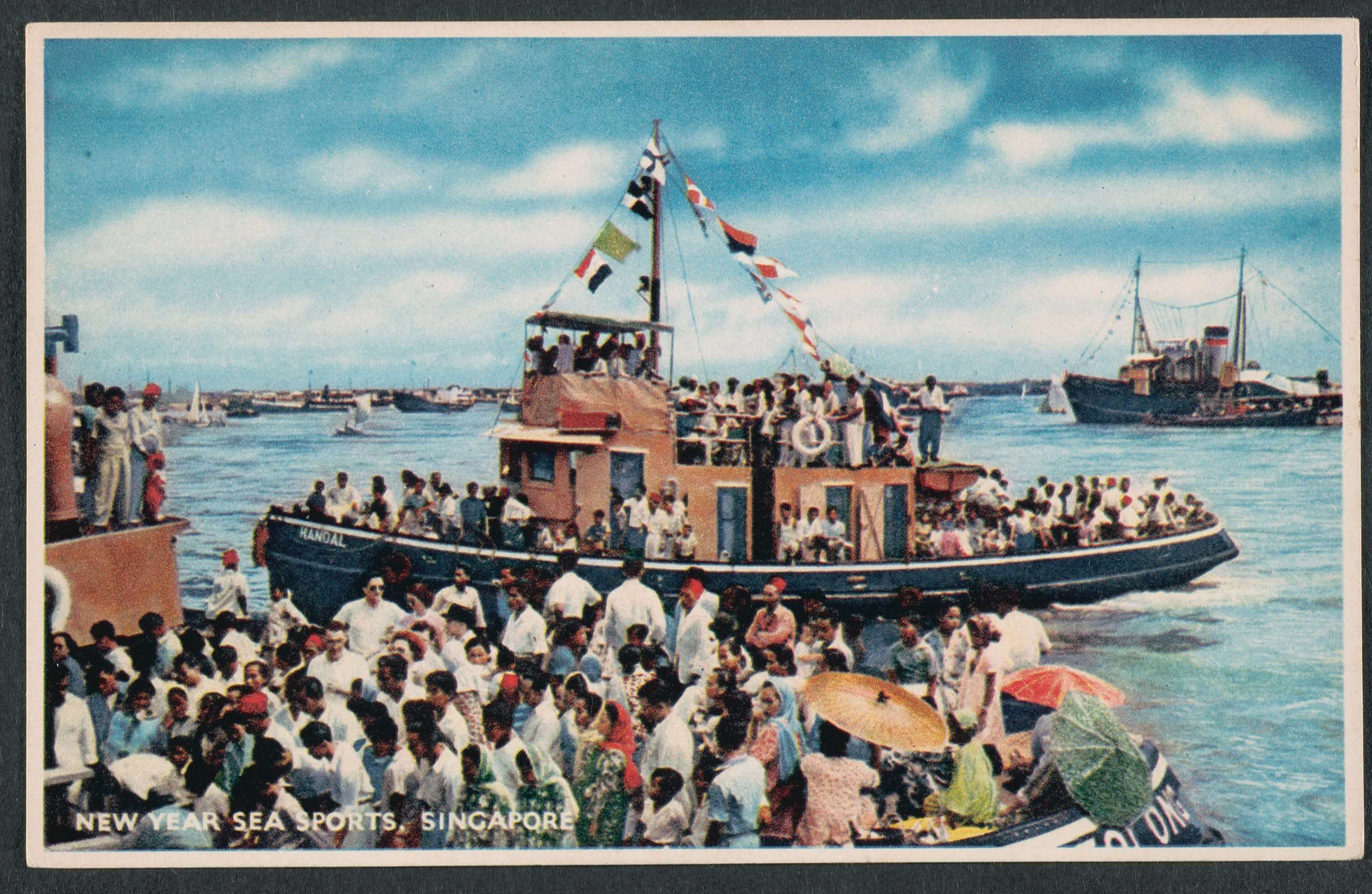 A crowded boat and pier filled with people celebrating New Year sea sports in Singapore under a partly cloudy sky.