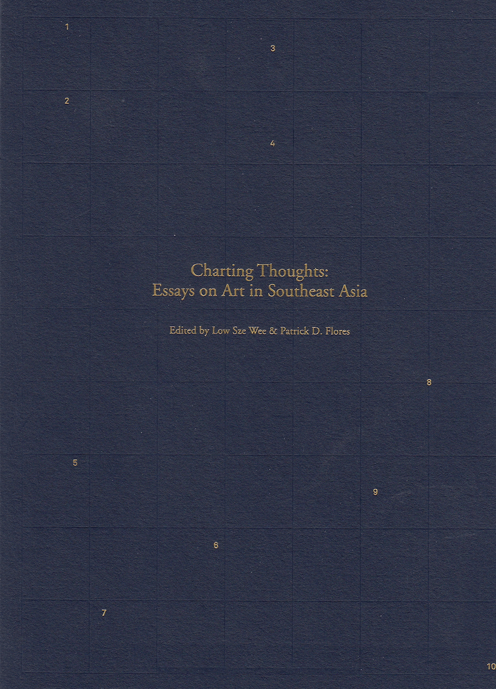 Dark navy textured cover with subtle grid lines, small gold numerals, and gold serif title centred.