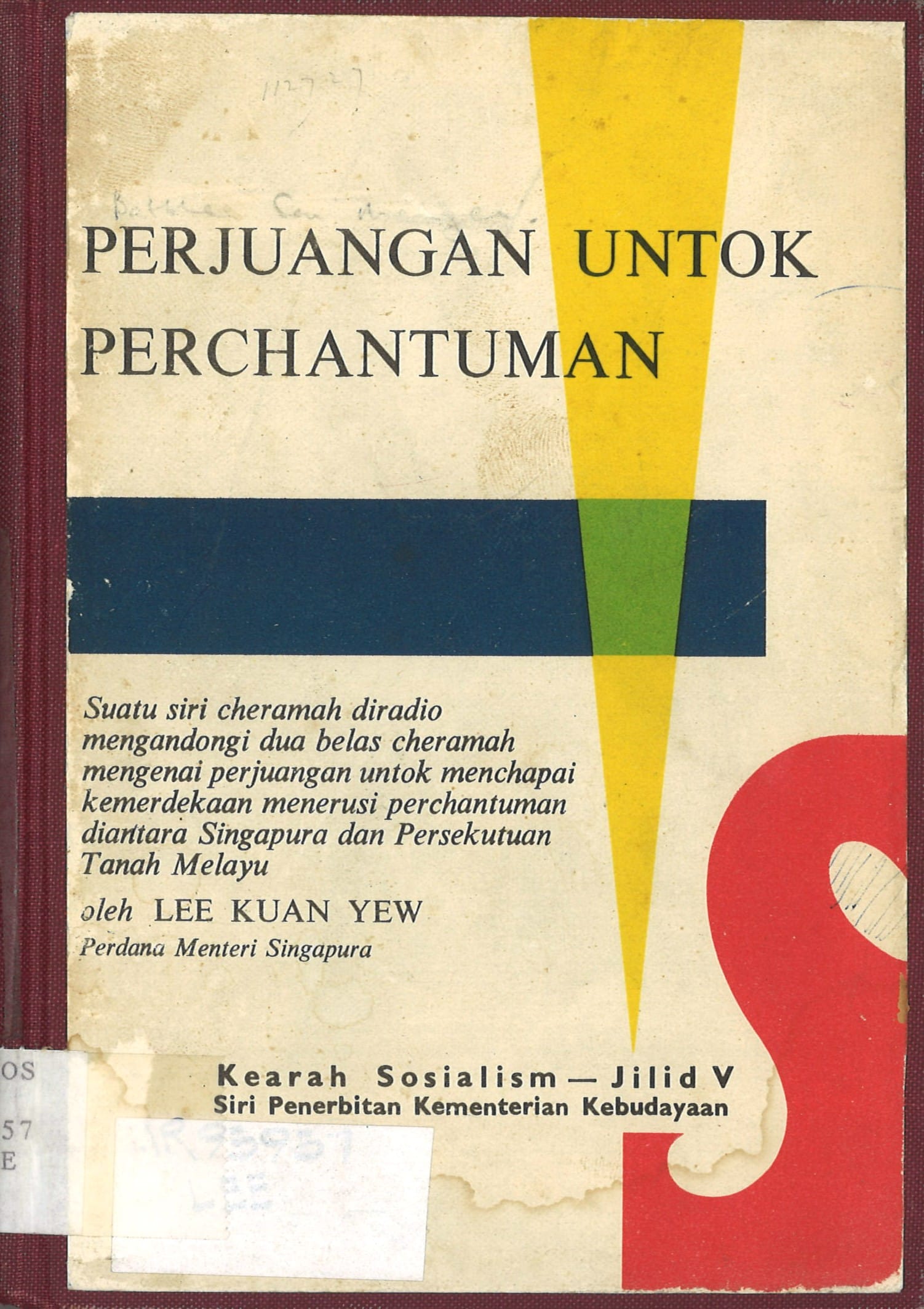 This book cover features bold Malay text, a minimalist design with abstract yellow and blue shapes, and lists Lee Kuan Yew as the author.