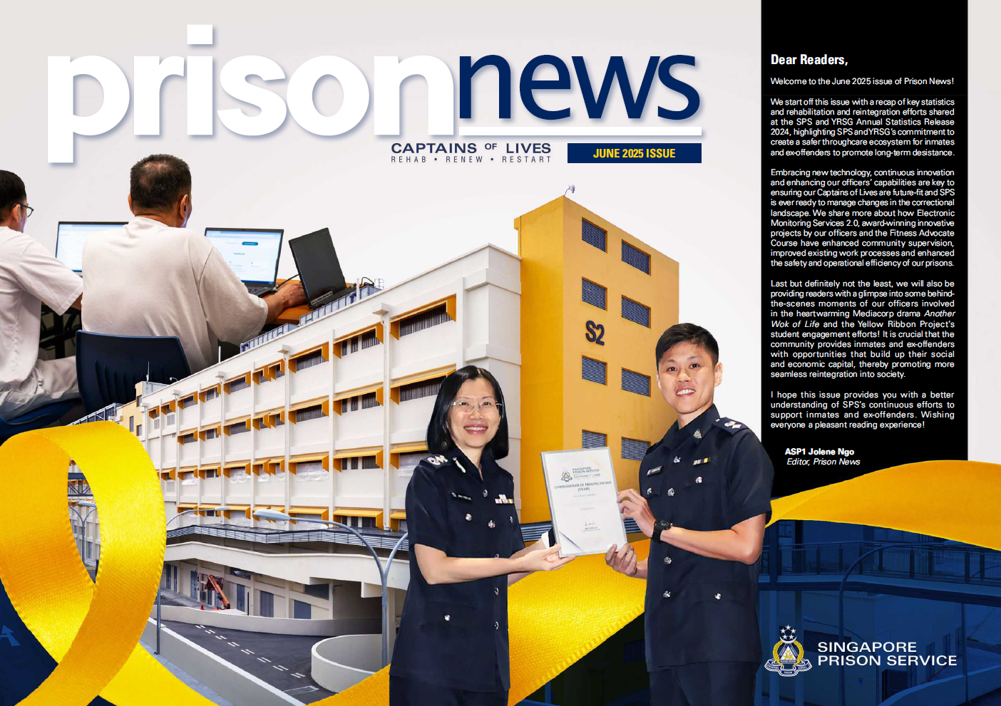 Cover of "Prison News" June 2025 issue showing two people in uniform holding a certificate, and a yellow ribbon.