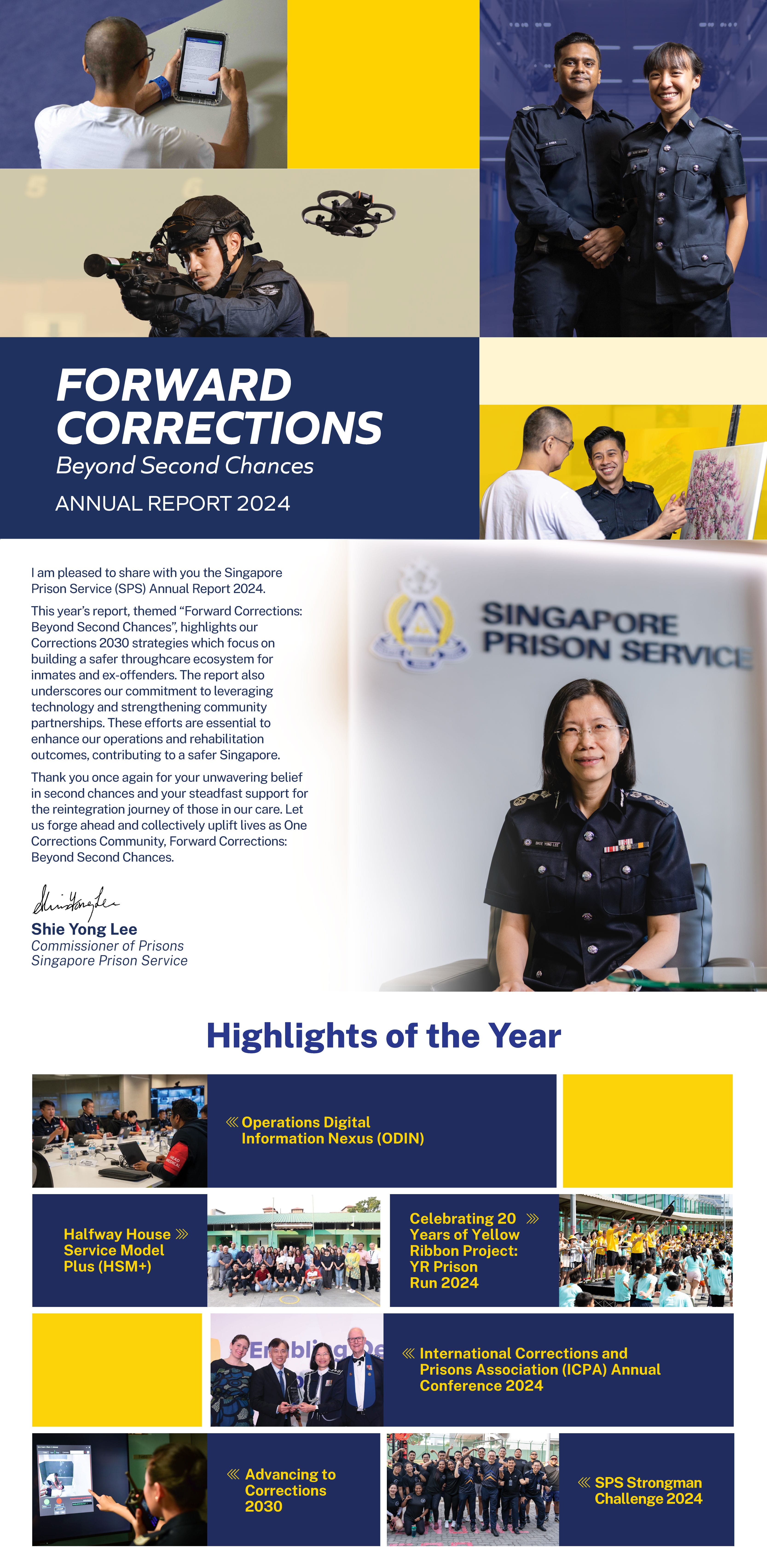Singapore Prison Service Annual Report 2024 with highlights including technology, community partnerships, and rehabilitation efforts.