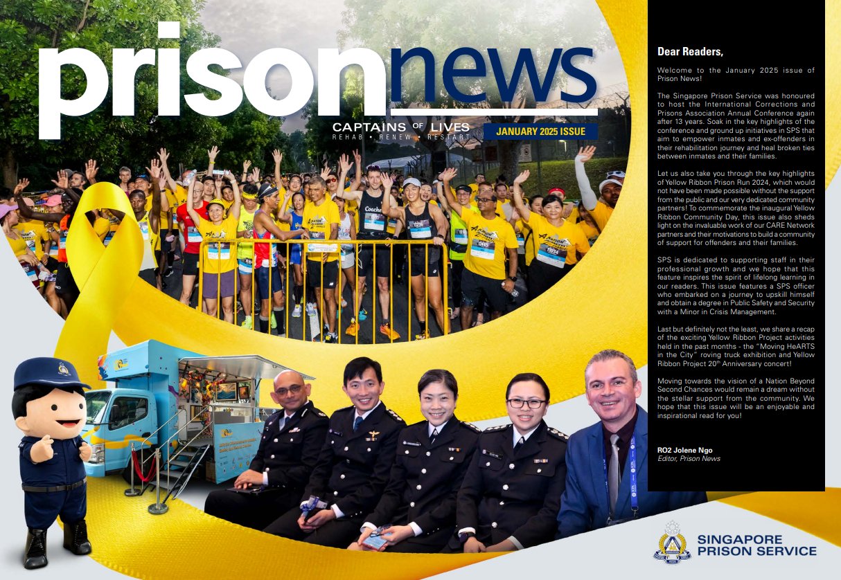 Cover of Singapore Prison Service news showing a charity race, yellow ribbon, mobile exhibit, policemen seated, and text.