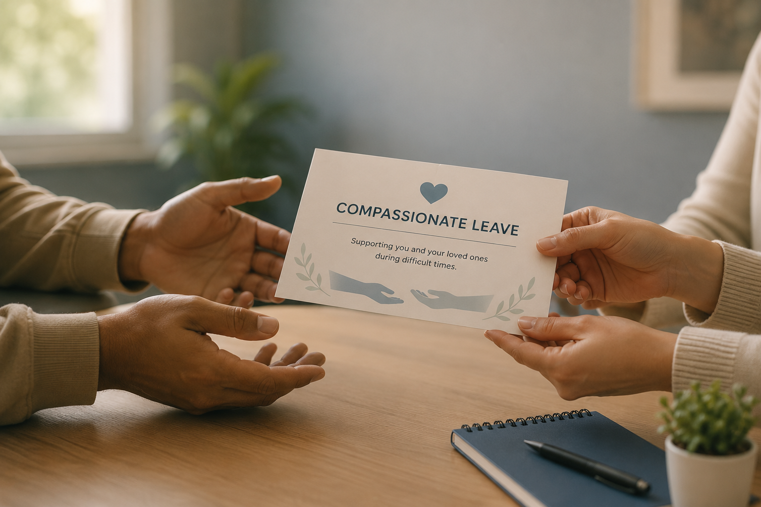 A pair of hands gently passes an official-looking document to another pair of outstretched hands across a simple table. The scene is intentionally framed without showing any faces, drawing attention to the quiet exchange and the gesture of support. The softly blurred background contains subtle institutional elements, suggesting a formal setting without emphasizing security features. The image conveys compassion, dignity, and assistance during an important moment.