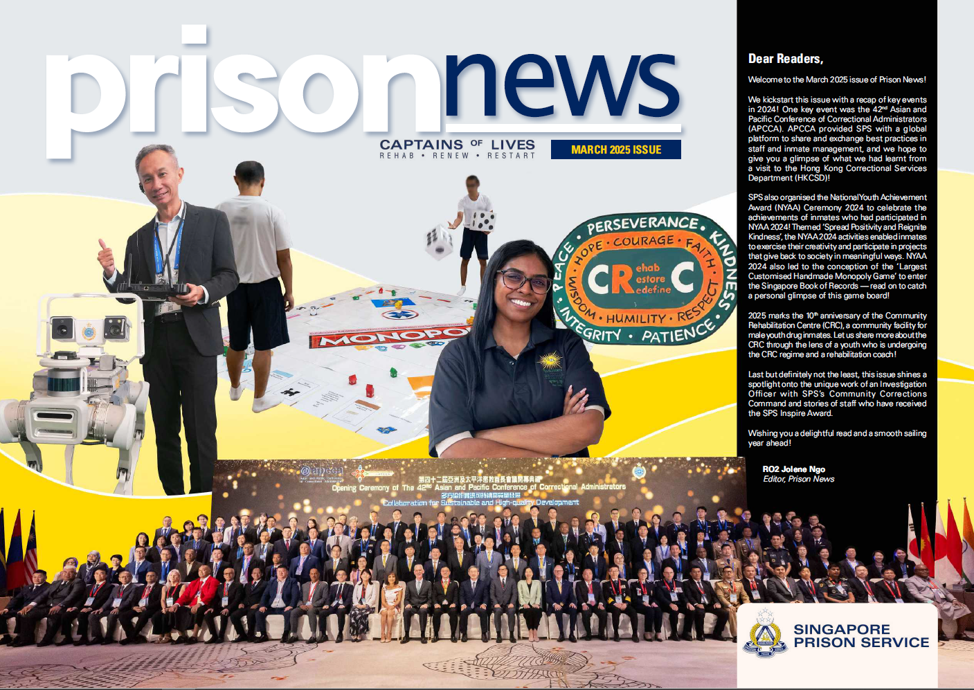 Magazine cover showing a large group photo, a Monopoly board game, a robot, and text describing prison-related news and events.