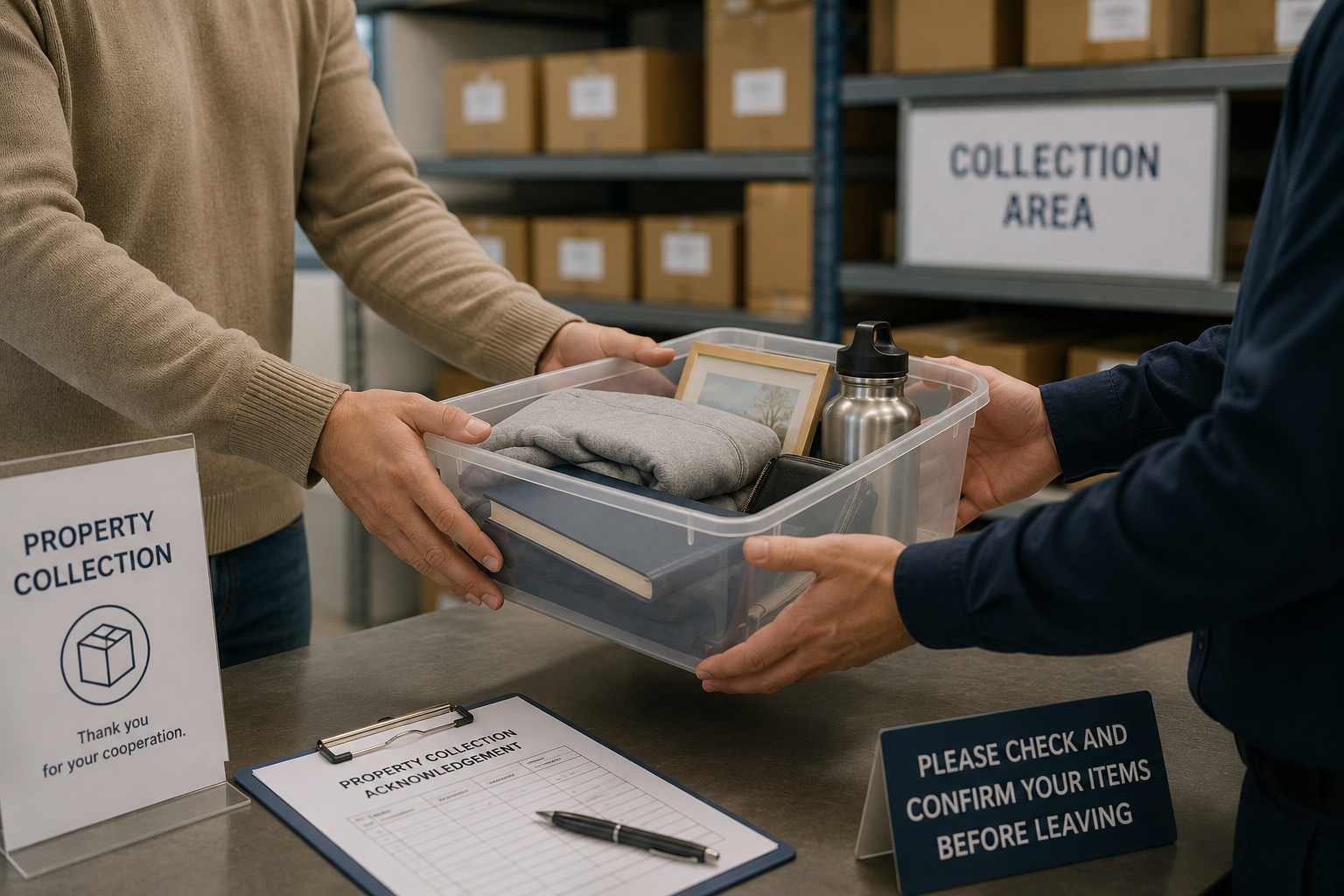 A staff member hands a labeled storage box of personal belongings to two family members across a service counter. Only their hands and upper bodies are visible, with no faces shown to protect privacy. The box contains neatly packed everyday items, such as folded clothing and personal effects, while shelves with additional storage boxes are visible in the softly blurred background. The scene conveys a respectful and orderly process of returning personal belongings to a family.