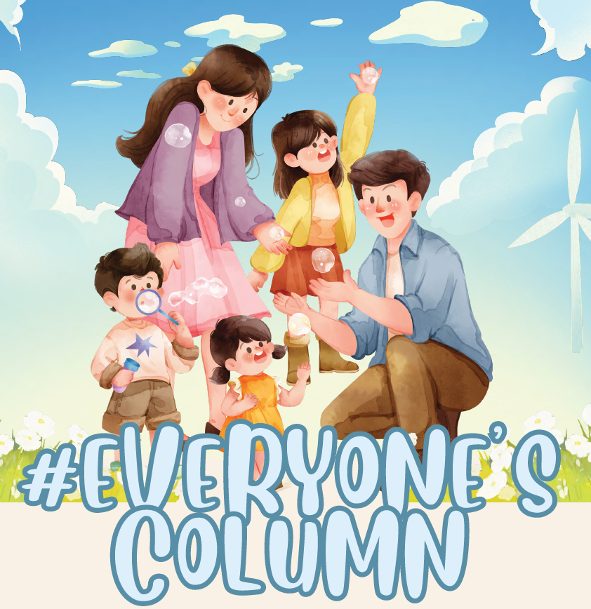 Illustration of a happy family consisting of a Mum, Dad and three children, a Son and two Daughters. They are on a field of flowers and a clear blue sky. The Son is blowing bubbles.