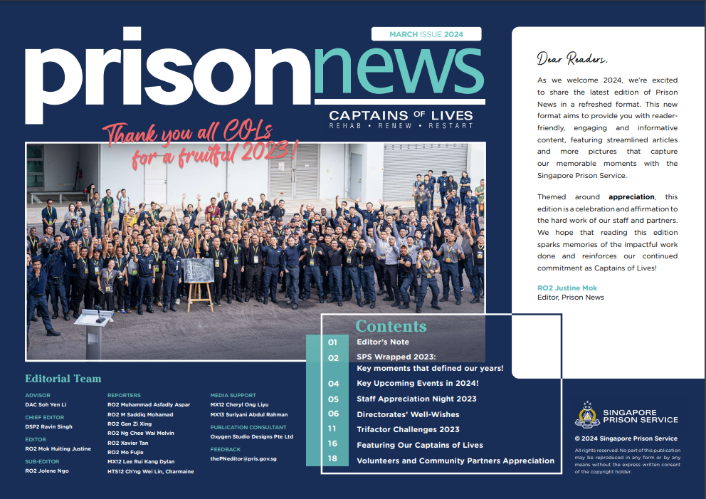 Cover of "Prison News" magazine with a large group photo, table of contents, editorial team list, and welcome message for 2024.