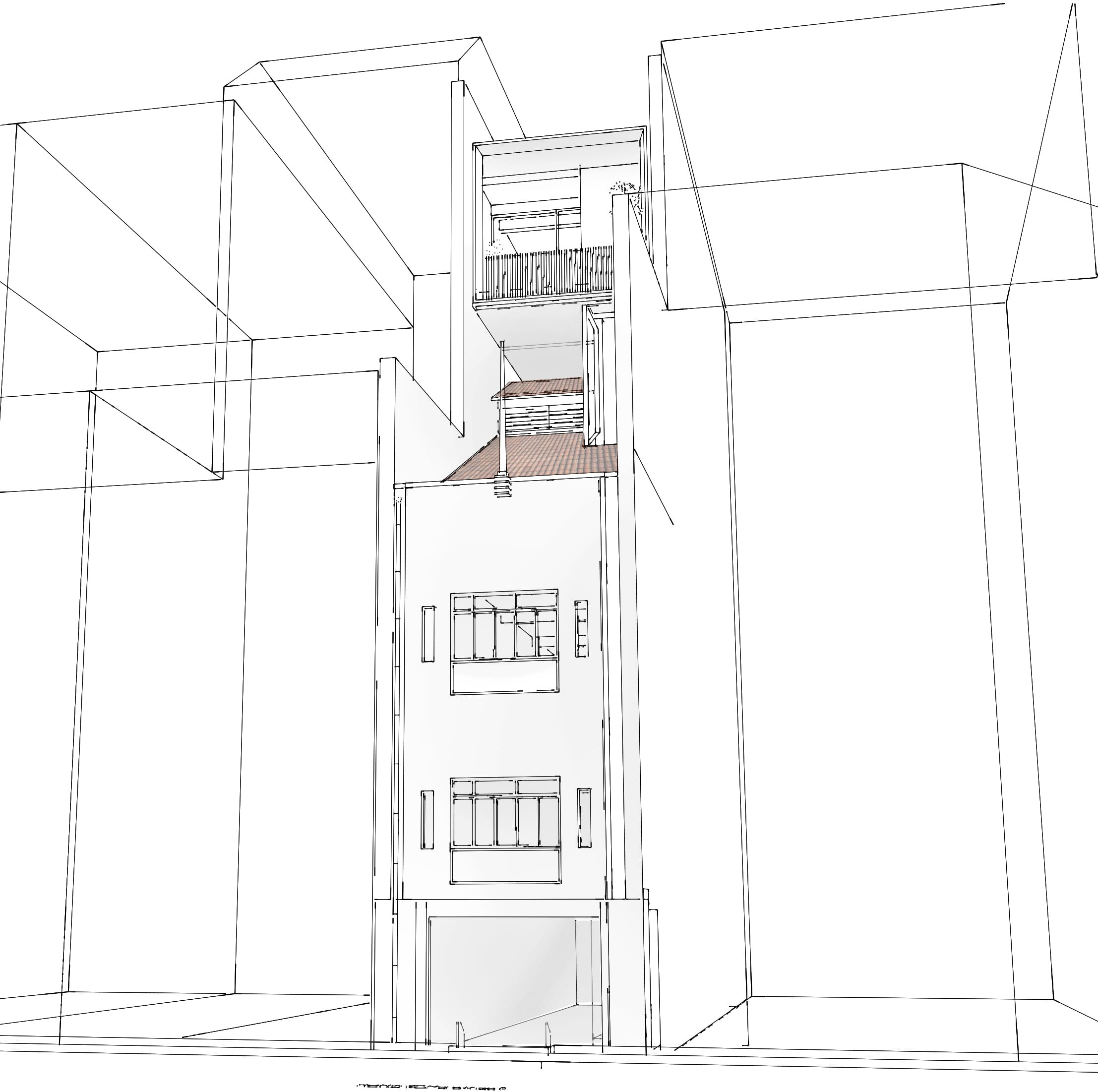 A detailed architectural drawing of a narrow multi-story building with a red roof and large windows.