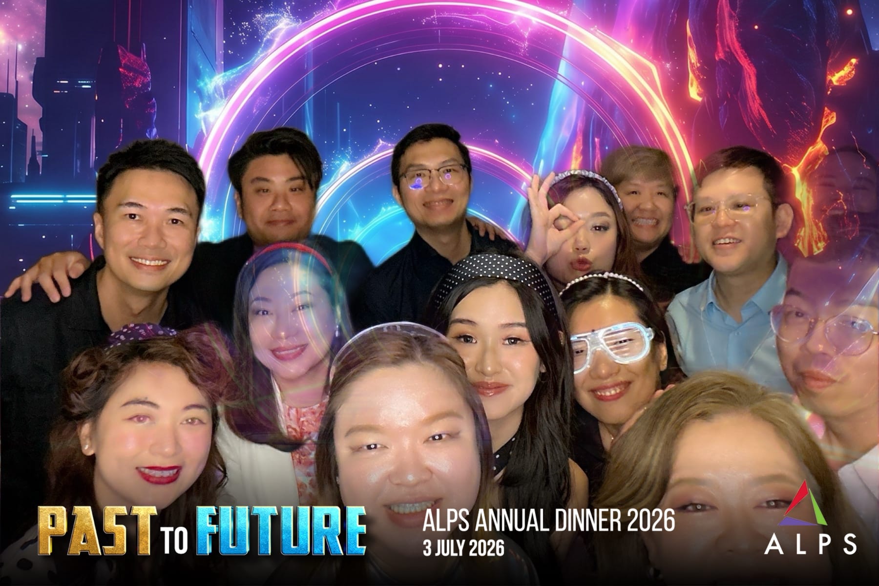 Photo of 14 ALPS staff taken at a virtual photo booth at ALPS Anniversary Dinner