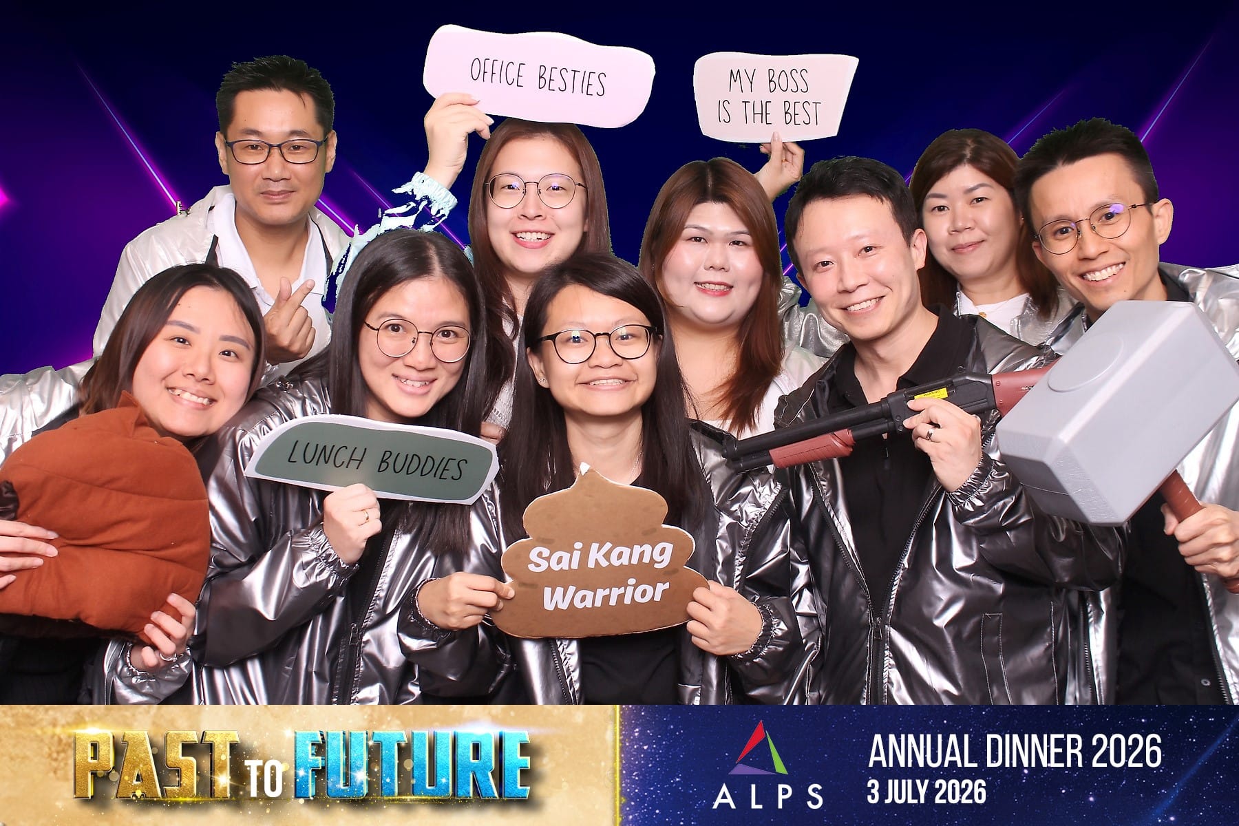 Photo of 9 ALPS staff taken at a virtual photo booth at ALPS Anniversary Dinner