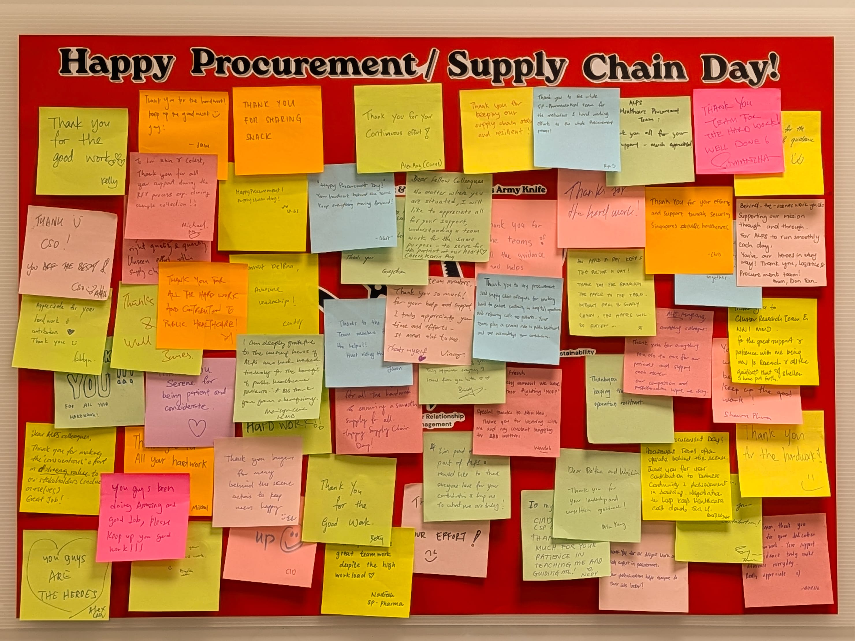 Image of well wishes on post-it notes for ALPS Procurement & Supply Chain Day