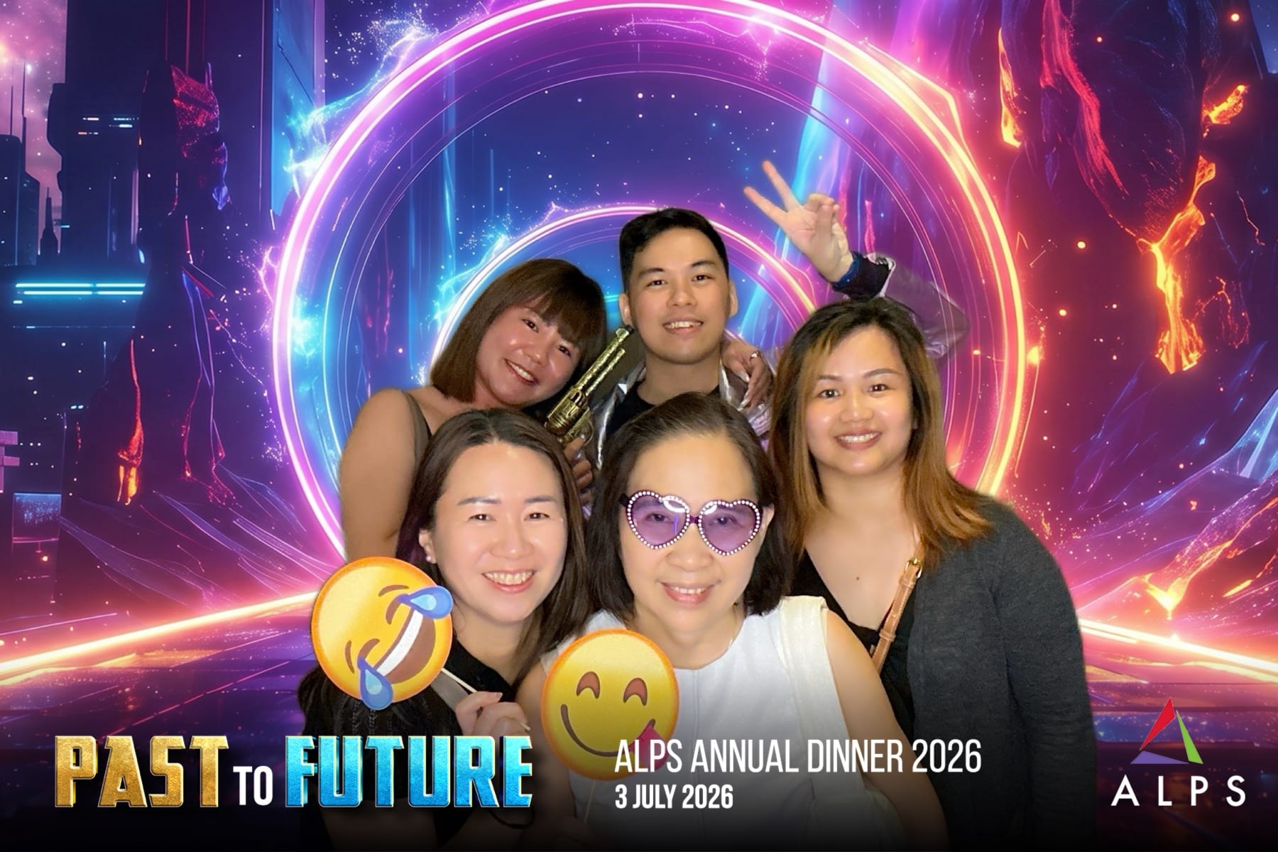 Photo of 5 ALPS staff taken at a virtual photo booth at ALPS Anniversary Dinner