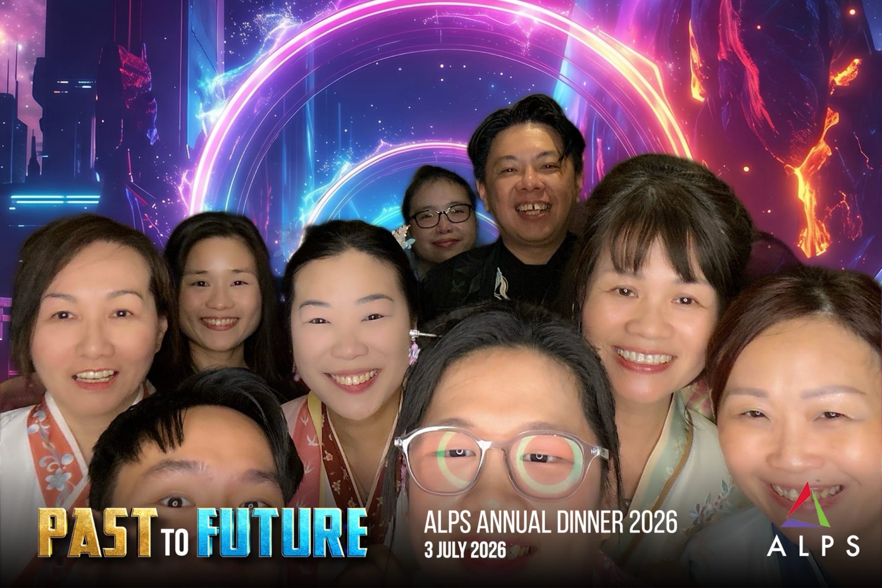 Photo of 9 ALPS staff taken at a virtual photo booth at ALPS Anniversary Dinner