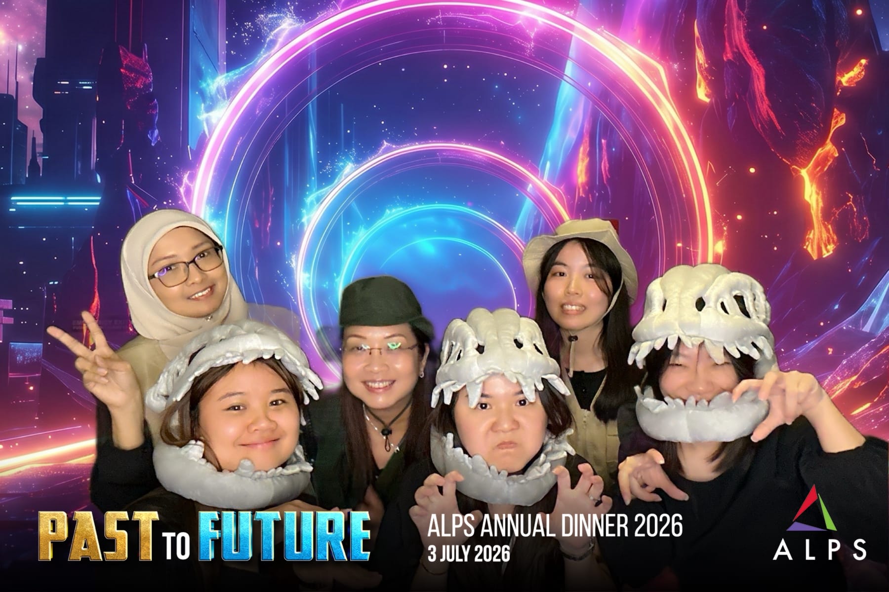 Photo of 6 ALPS staff taken at a virtual photo booth at ALPS Anniversary Dinner