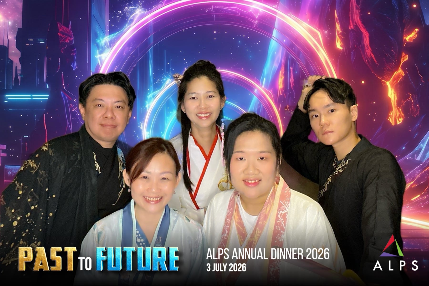 Photo of 5 ALPS staff taken at a virtual photo booth at ALPS Anniversary Dinner