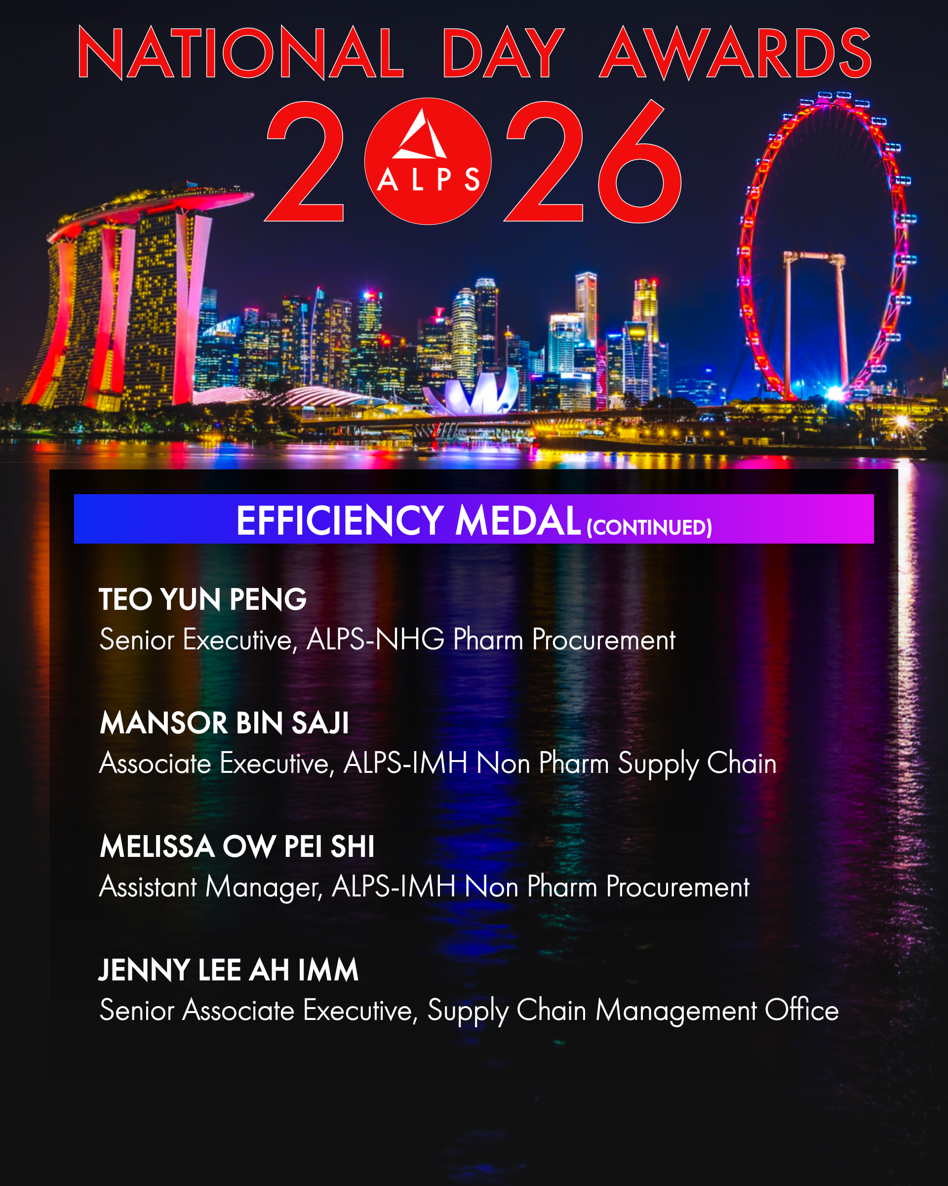 Infographic showing the names of ALPS staff members who received the National Day Awards 2026