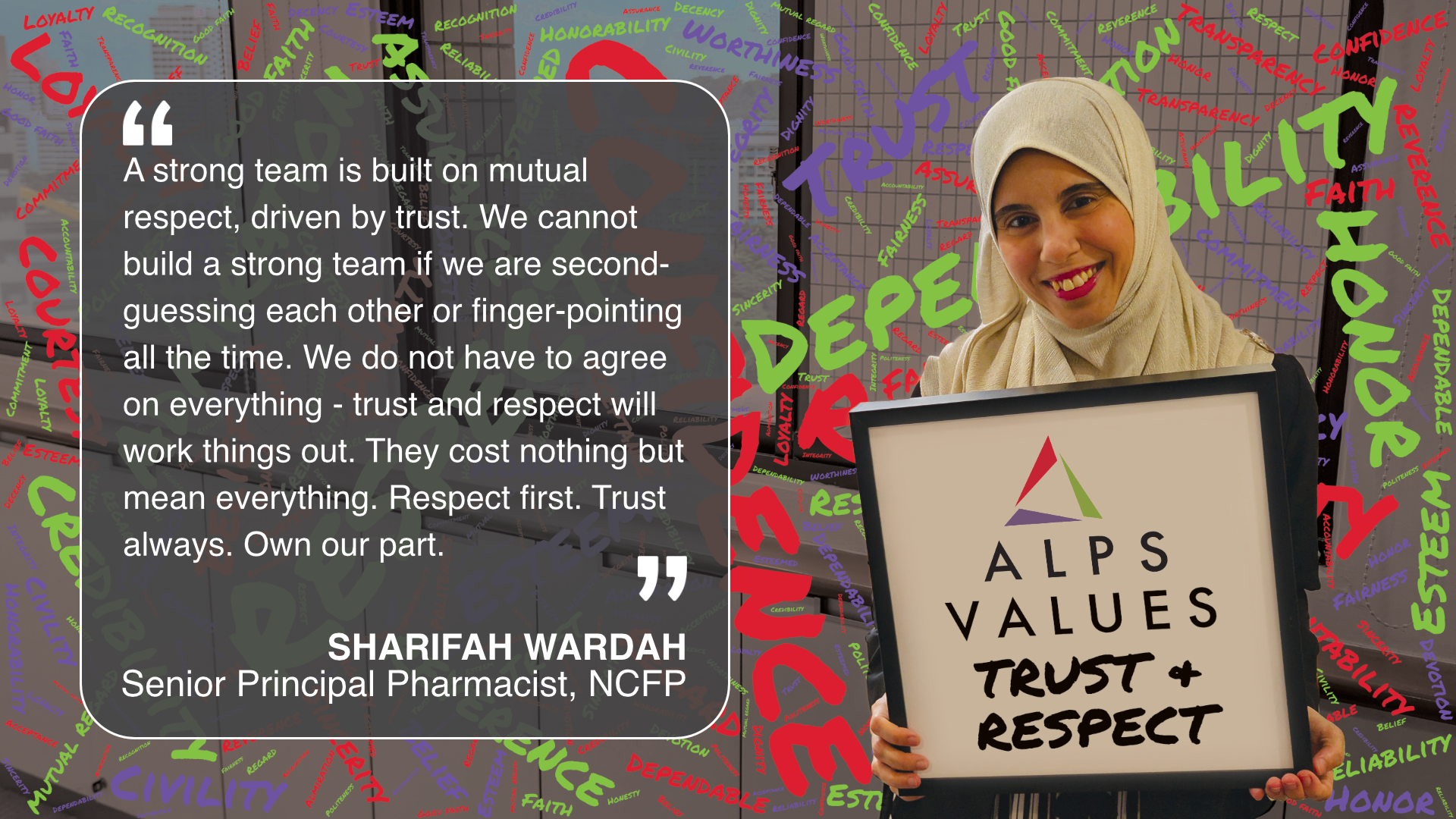 Image of ALPS colleague holding card displaying words 'ALPS Values Trust & Respect'