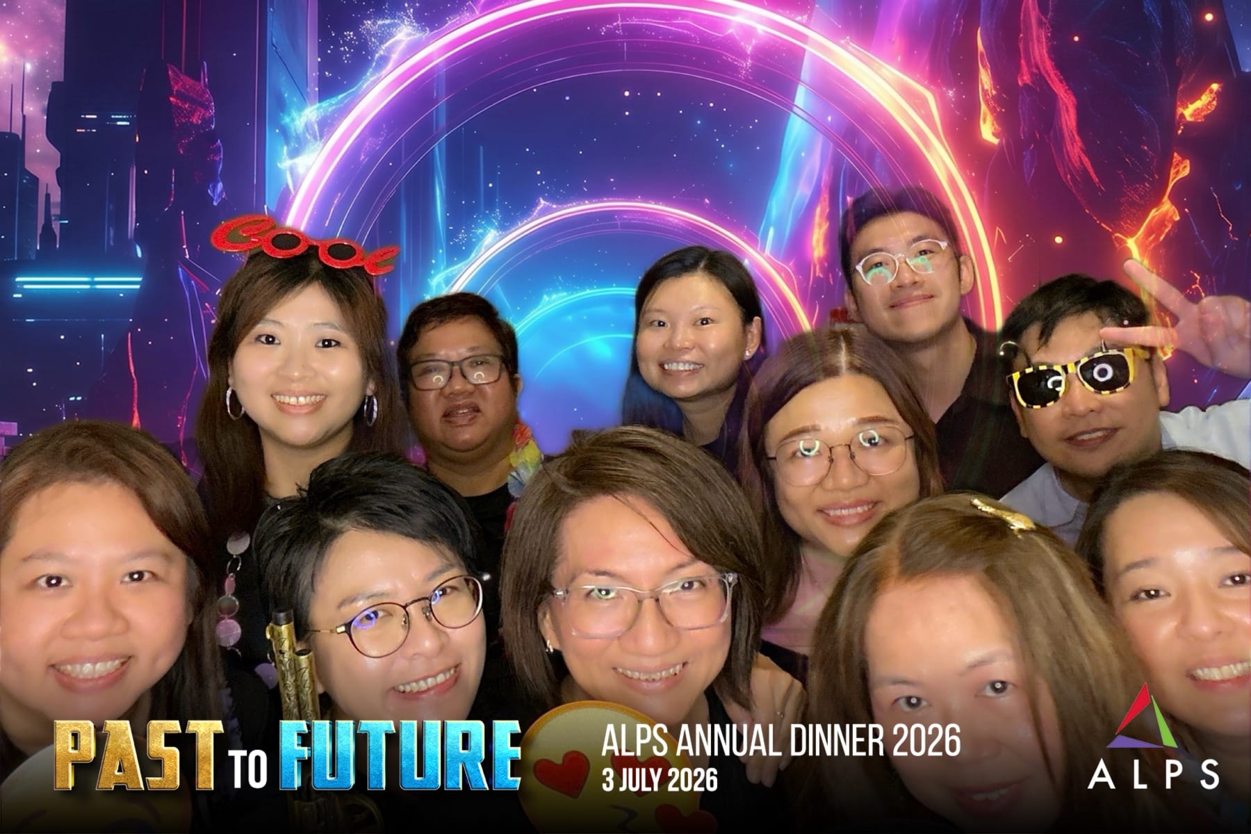 Photo of 11 ALPS staff taken at a virtual photo booth at ALPS Anniversary Dinner