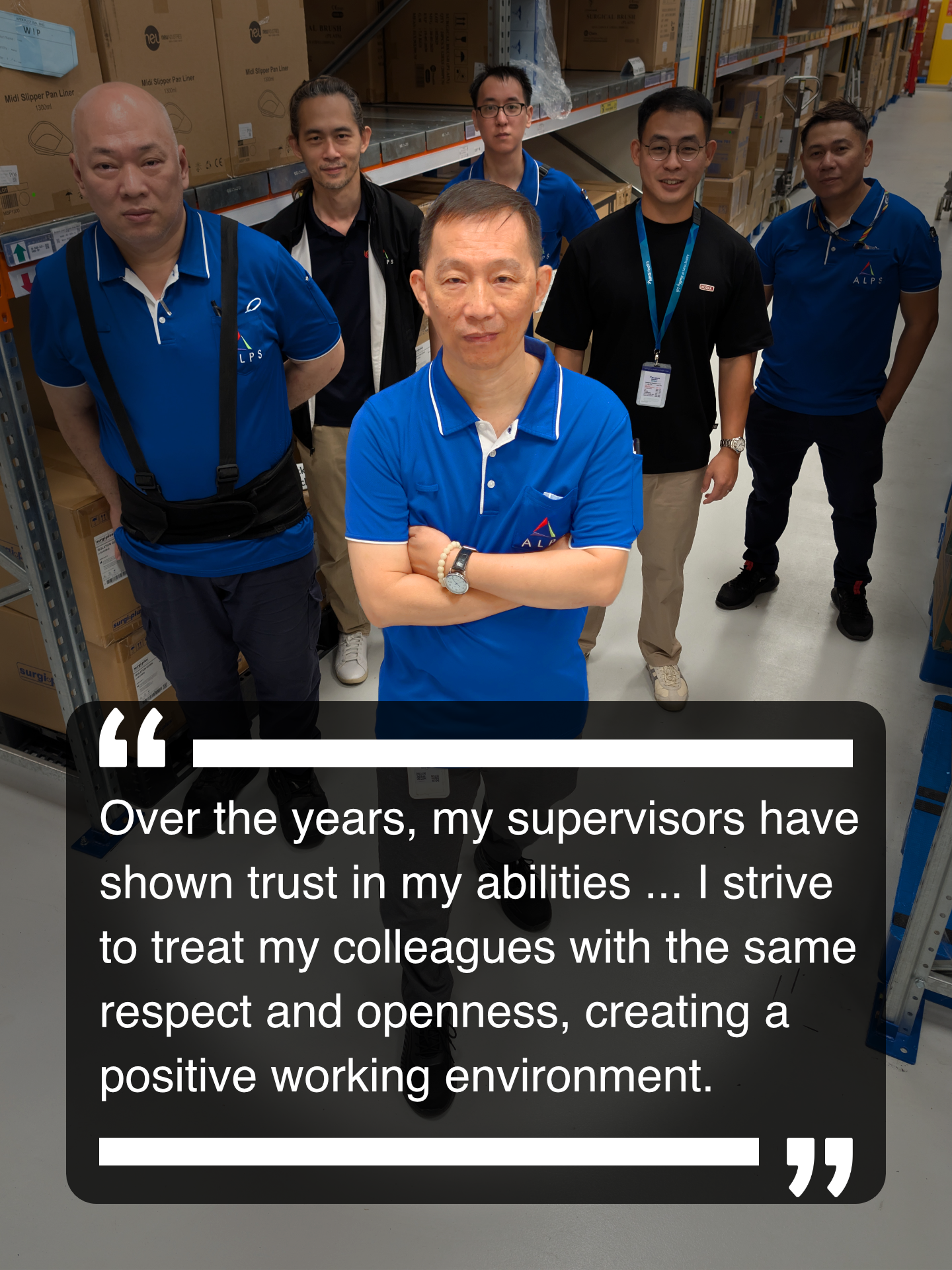 Image of ALPS staff Wong Kwee Boon in his warehouse with a quote