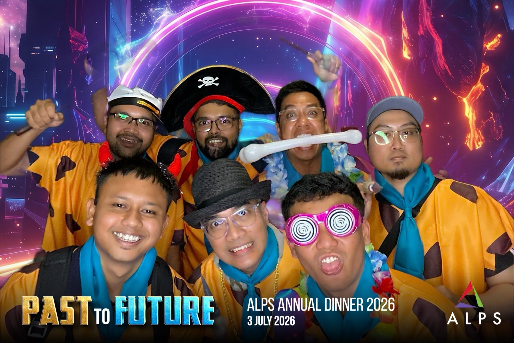 Photo of 7 ALPS staff taken at a virtual photo booth at ALPS Anniversary Dinner