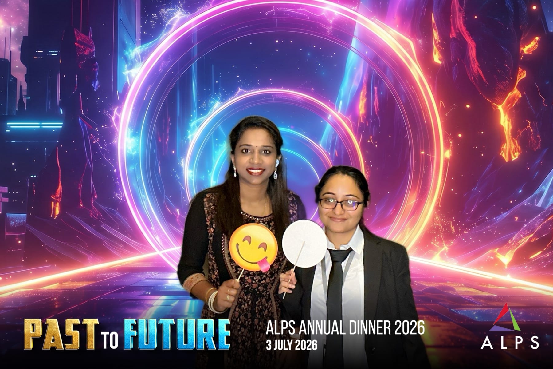Photo of 2 ALPS staff taken at a virtual photo booth at ALPS Anniversary Dinner