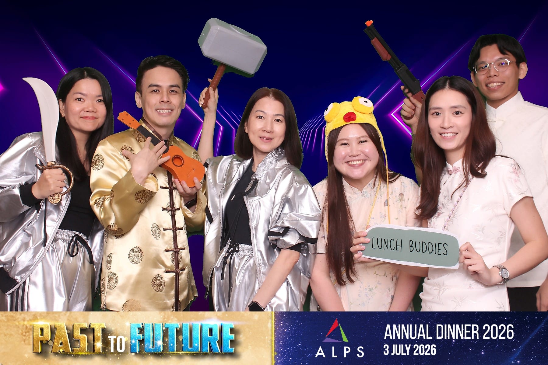 Photo of 6 ALPS staff taken at a virtual photo booth at ALPS Anniversary Dinner