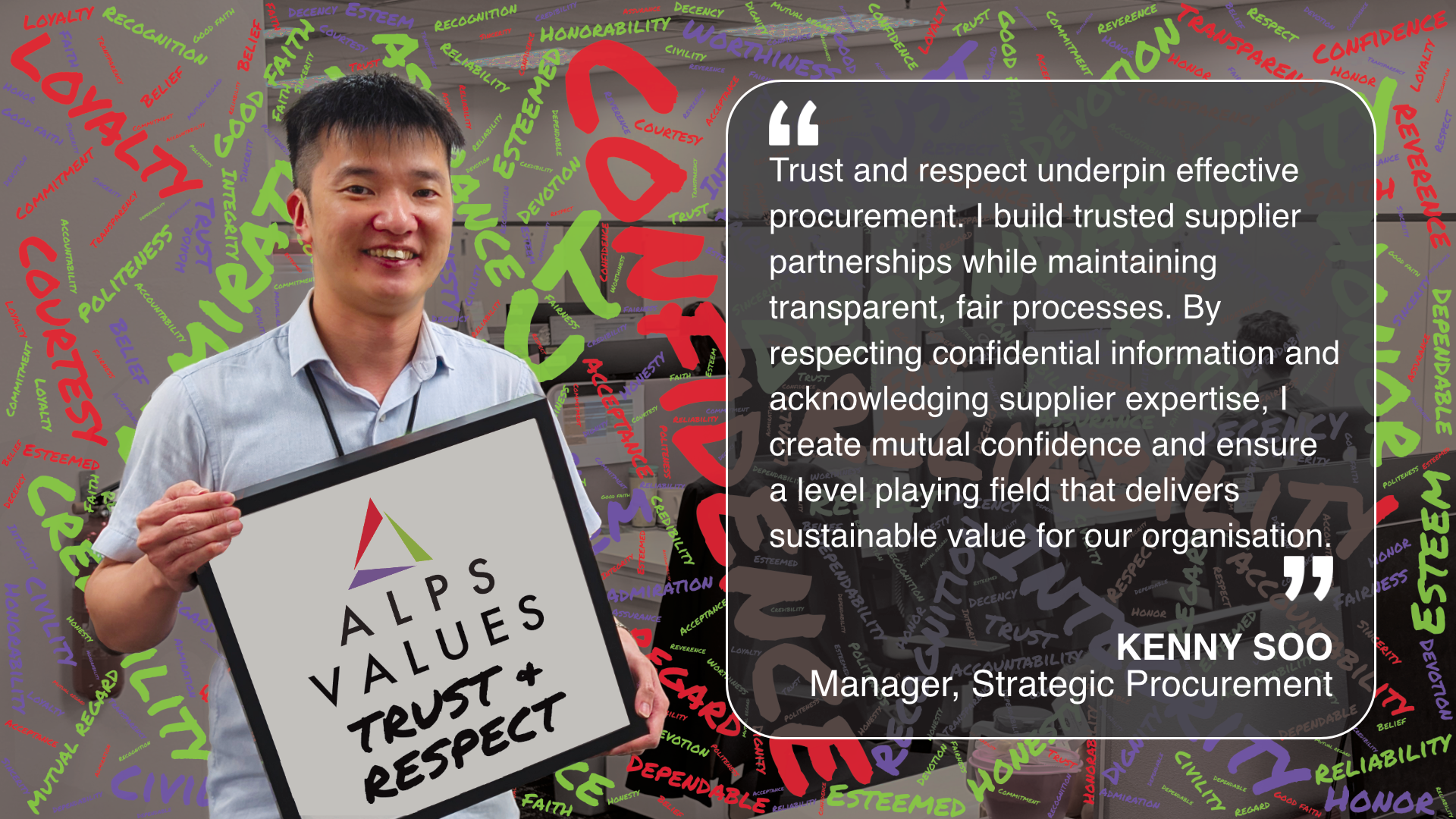 Image of 2 ALPS staff holding a sign - ALPS Values Trust & Respect - with a quote about Trust & Respect