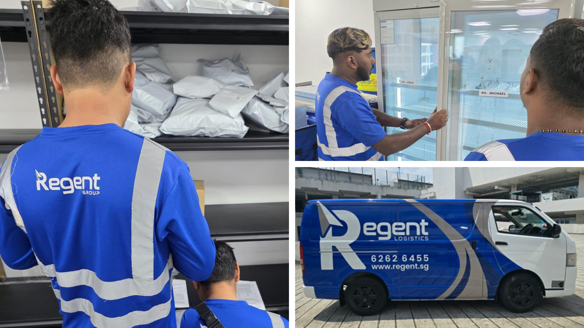 Three men in blue Regent Group uniforms doing various tasks, and a white Regent Logistics van.