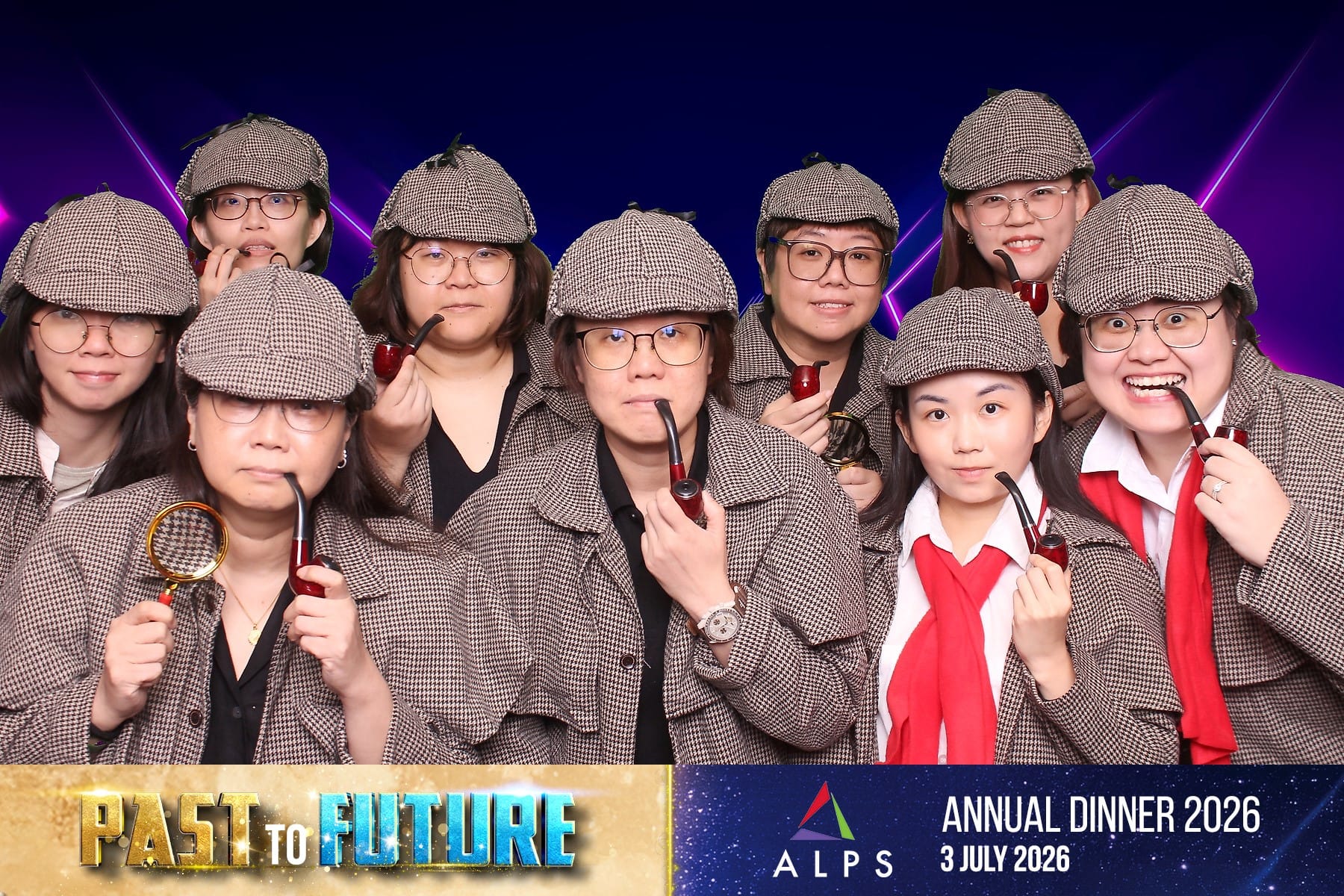Photo of 9 ALPS staff taken at a virtual photo booth at ALPS Anniversary Dinner