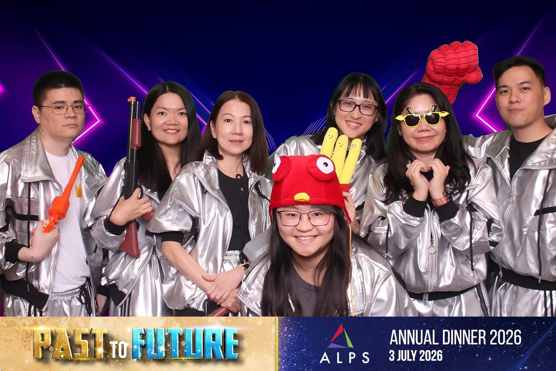 Photo of 7 ALPS staff taken at a virtual photo booth at ALPS Anniversary Dinner