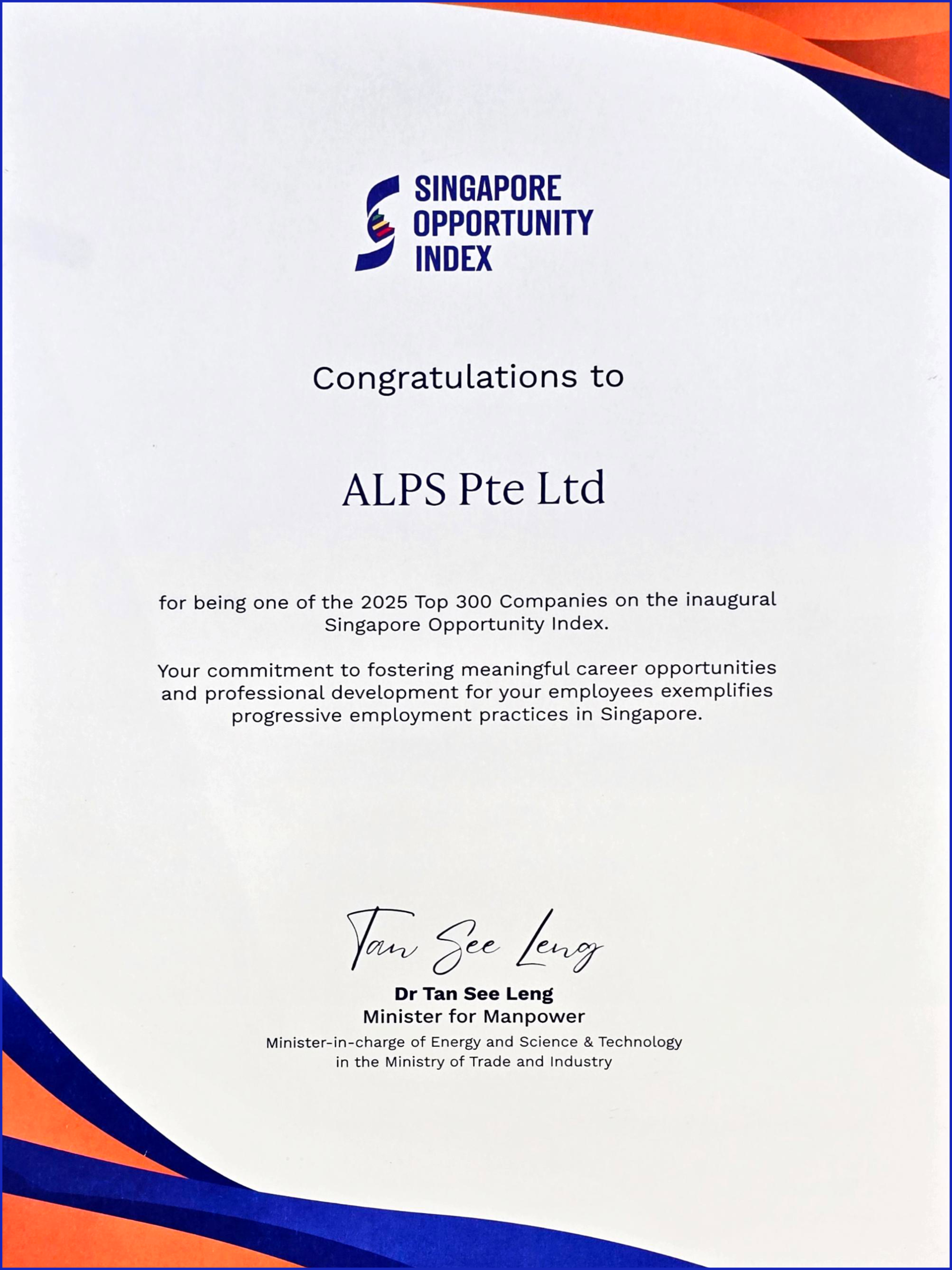 Singapore Opportunity Index Award Certificate