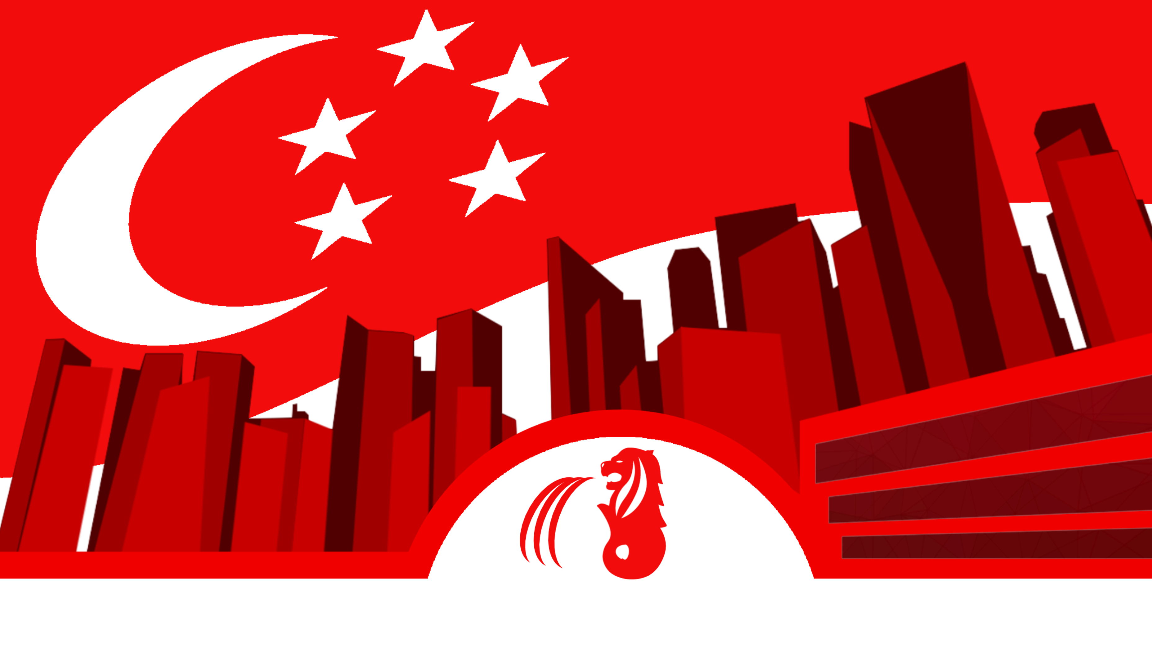 Red skyline with tall buildings, a crescent moon, five stars, and a lion symbol in front.